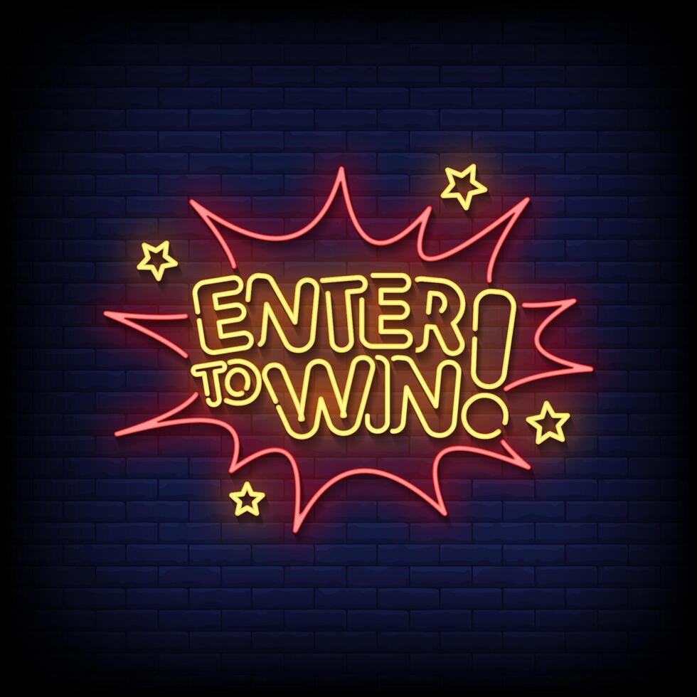 enter to win neon Sign on brick wall background vector