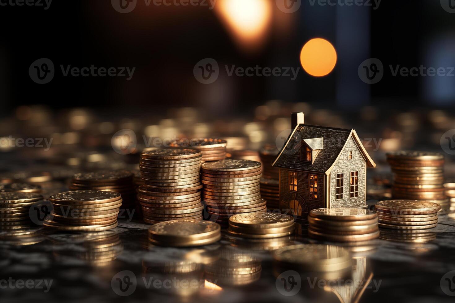 A small house is positioned on top of a heap of coins, showcasing a conceptual representation of financial stability or wealth accumulation. photo