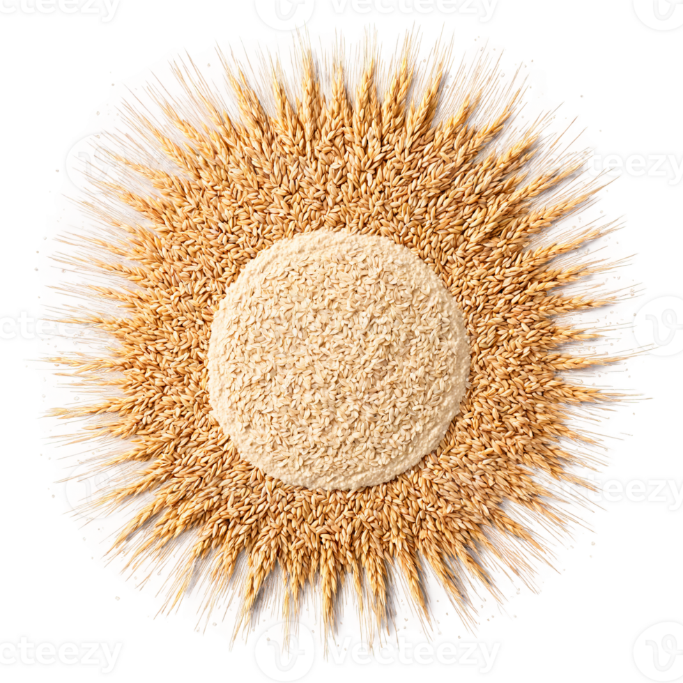Triticale mandala an arrangement of whole triticale triticale flakes and triticale flour with grains flying png