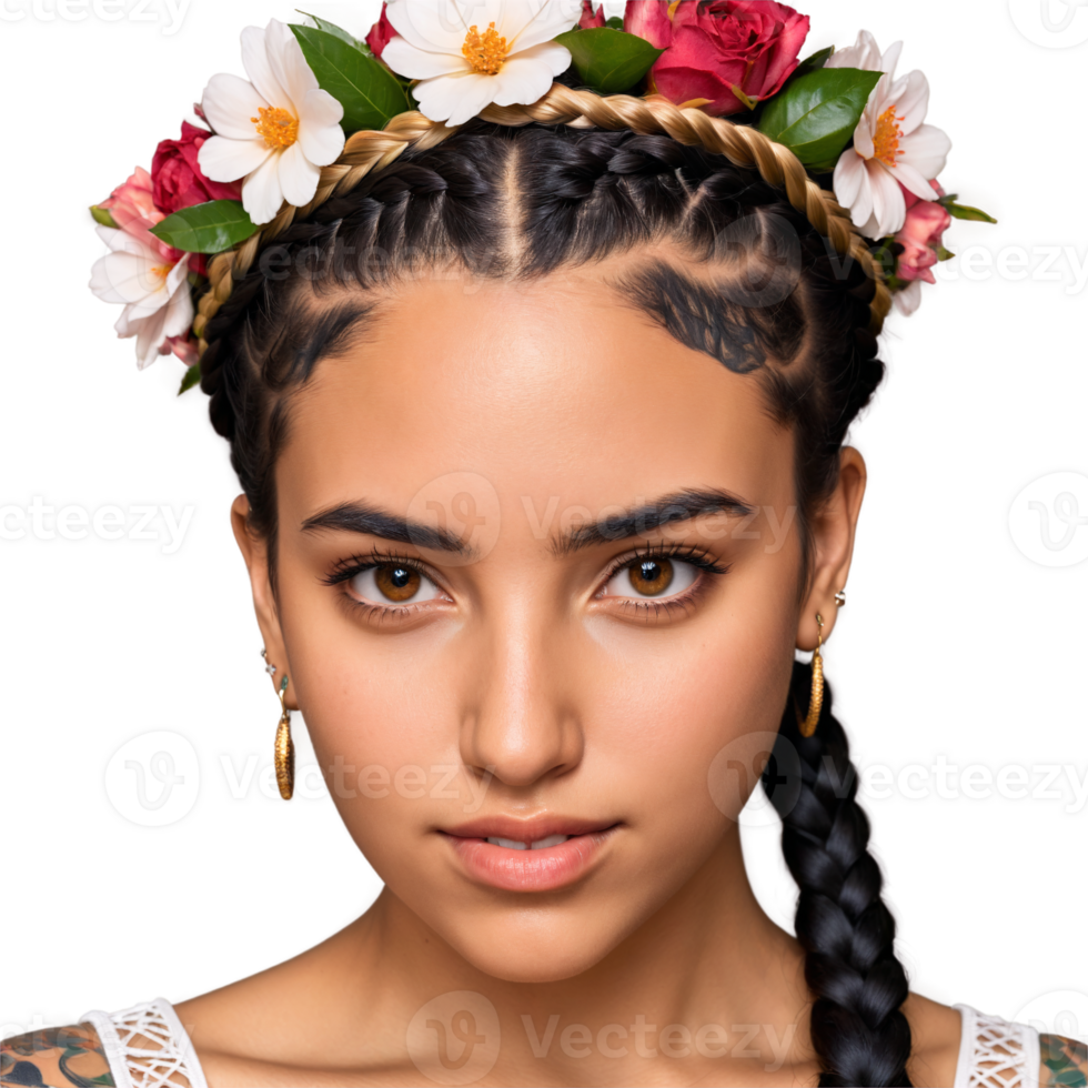 Young Latina woman with braided crown and floral tattoo adorable face pleasing eyes snarling mouth. Essence of diverse femininity. png