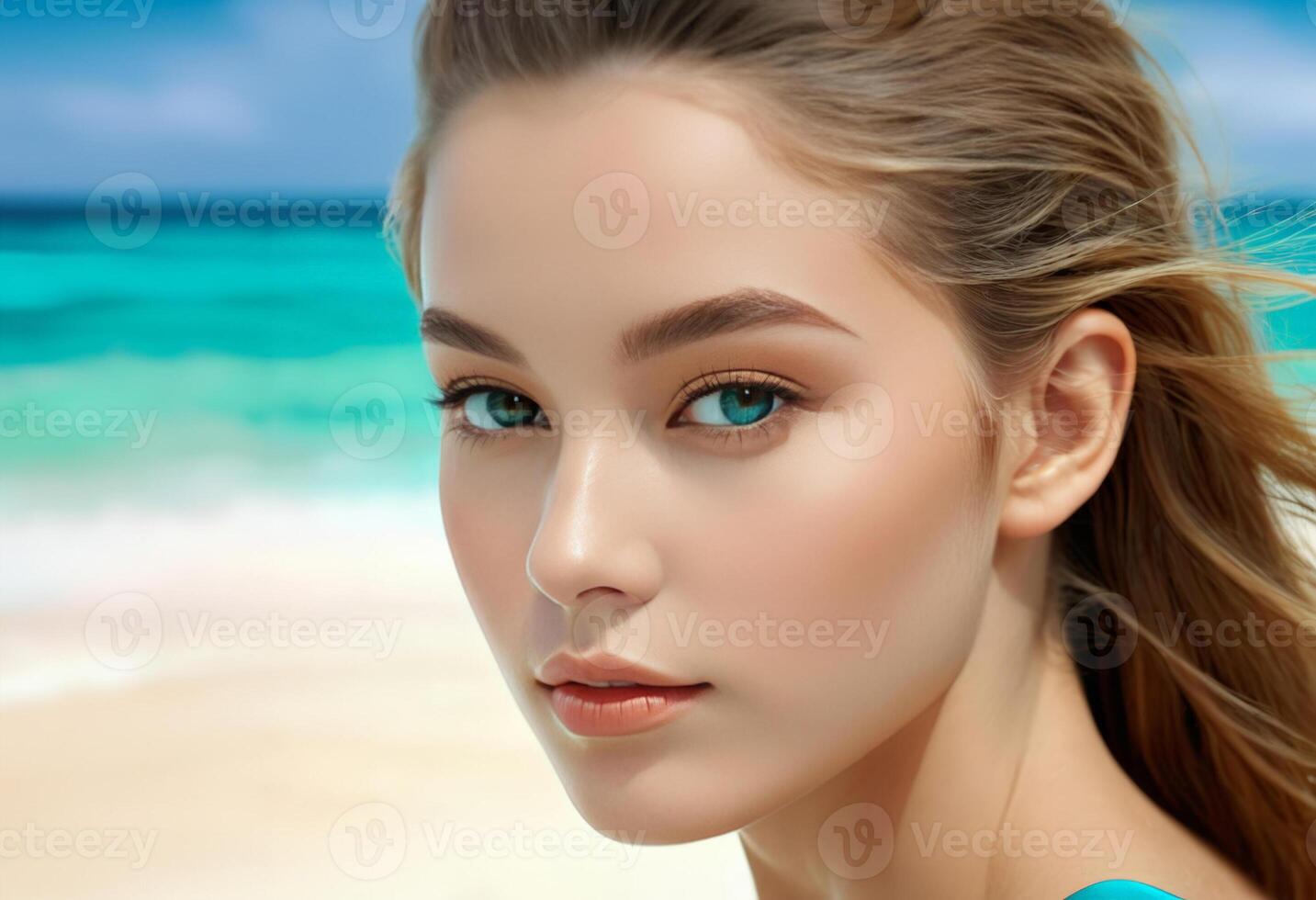Close up of a young Caucasian woman with striking blue eyes on a tropical beach, ideal for travel promotion and summer holiday themes photo