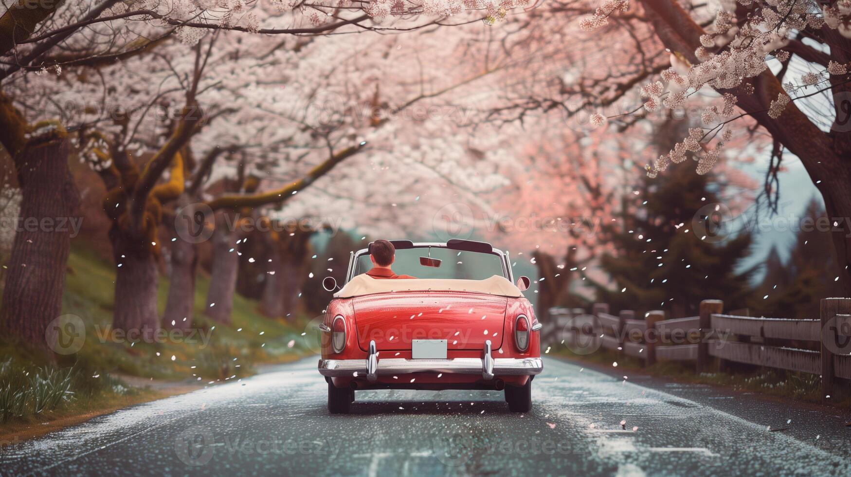 classic convertible drives with man down open road, cherry blossoms fall like snow, freedom theme photo