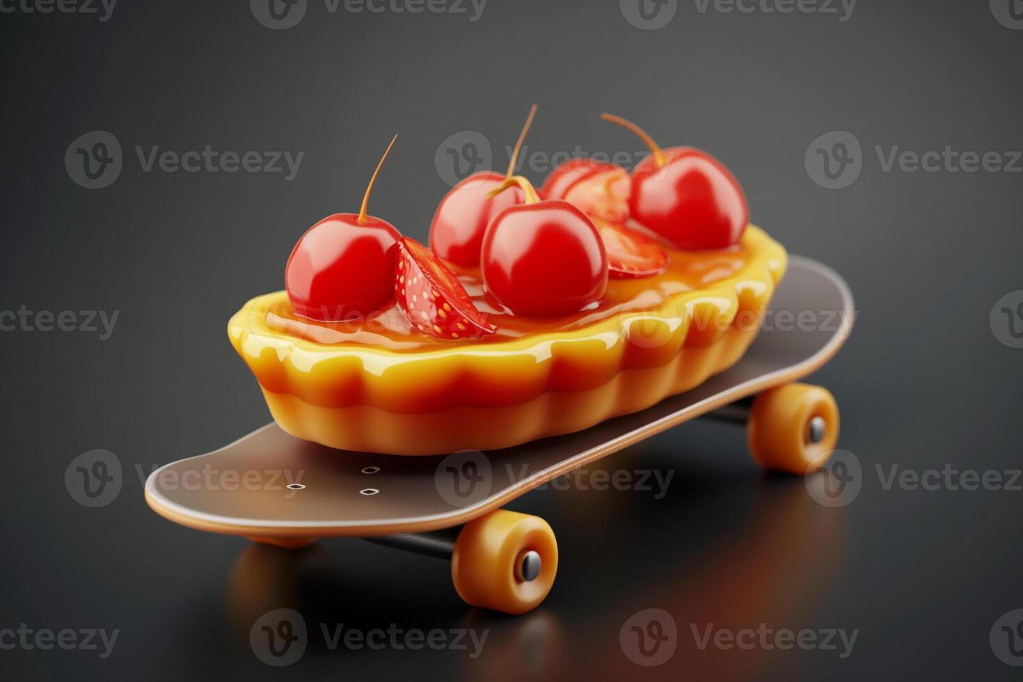 Creative concept of a caramel tart topped with cherries on a skateboard, symbolizing unconventional summer treats and youth lifestyle on a dark backdrop photo