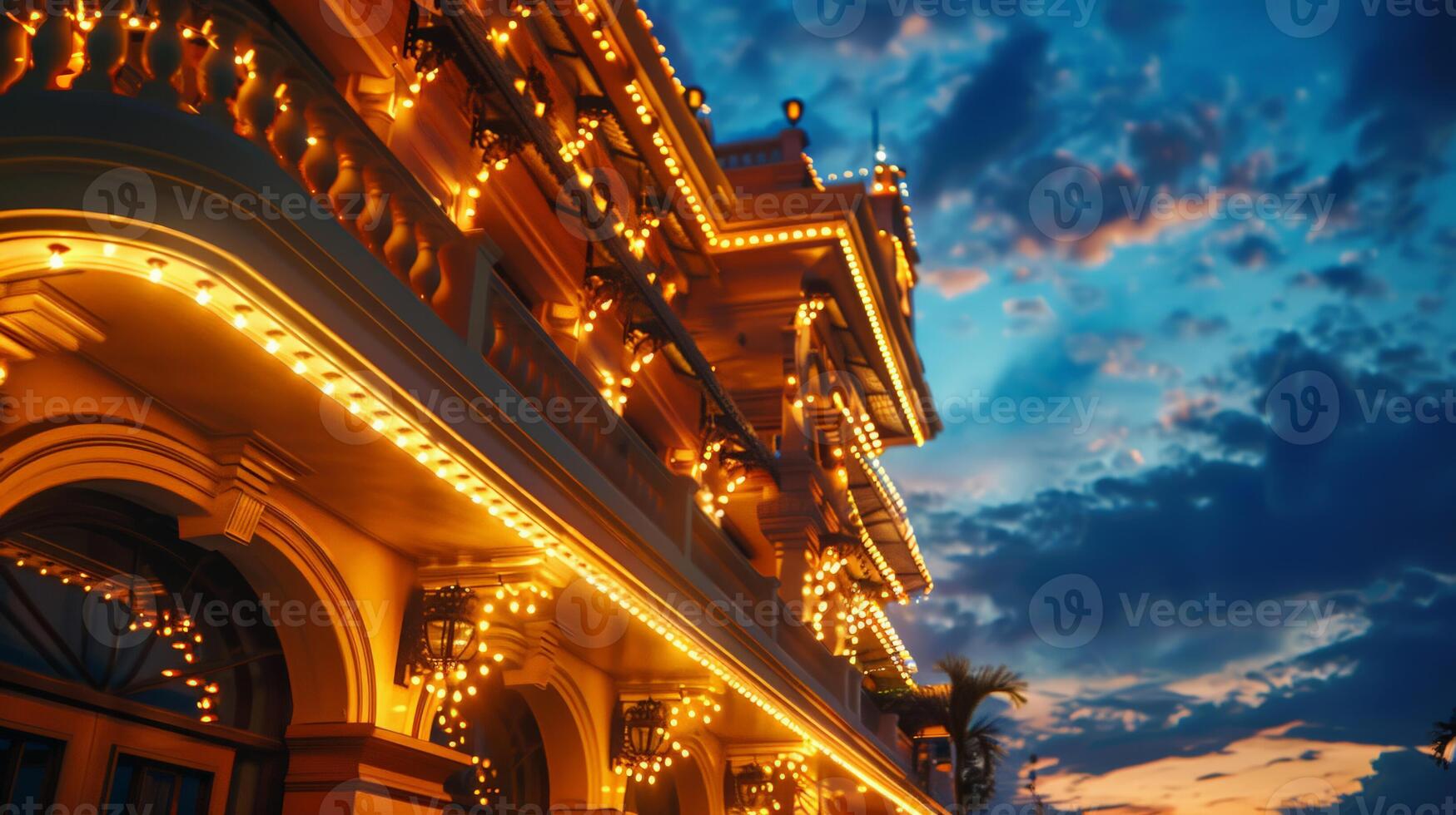 Elegant building facade illuminated by warm lights at twilight, evoking concepts of luxury travel, prestigious events, and Christmas or New Years Eve celebrations photo