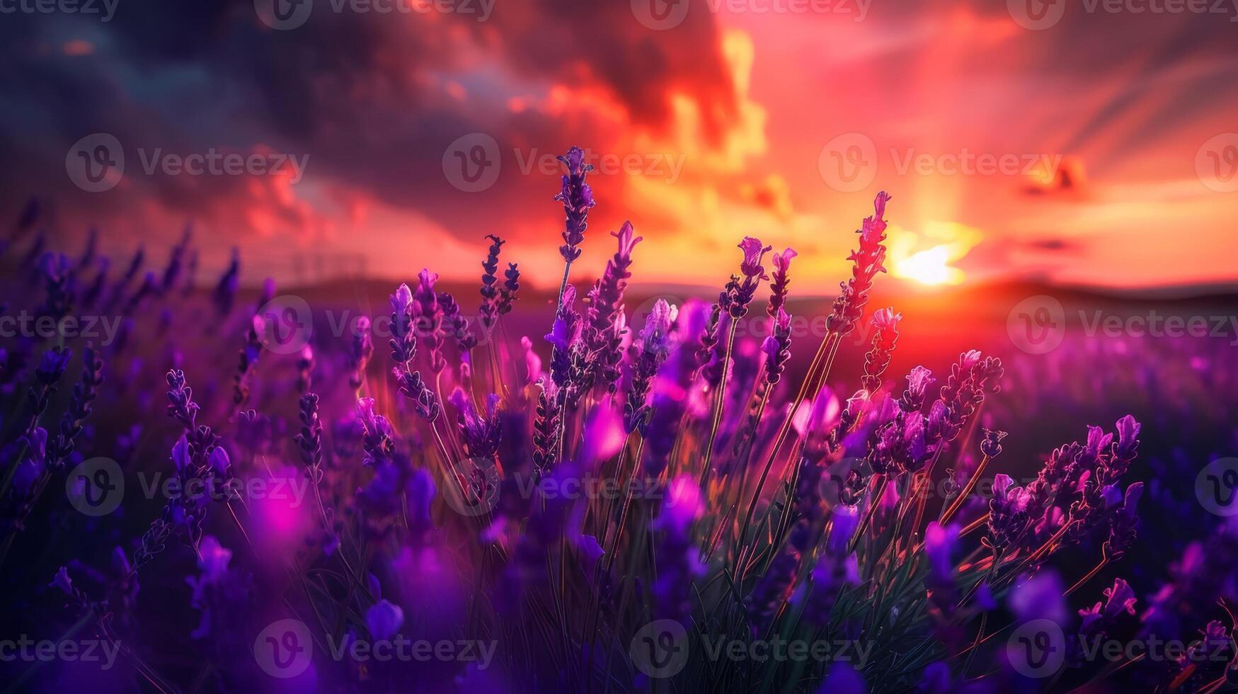 iluminado por el sol lavanda campo a puesta de sol vibrante púrpura flores debajo un ardiente cielo dorado hora Encendiendo foto