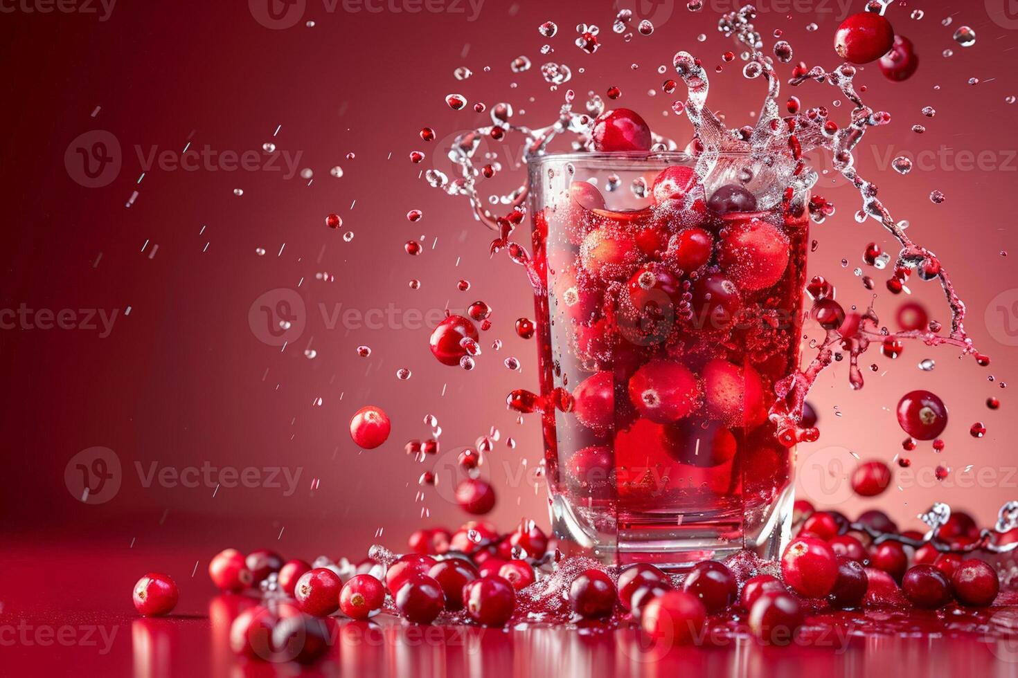 A glass of cranberry juice with splashing berries, dynamic and refreshing scene on gradient background photo