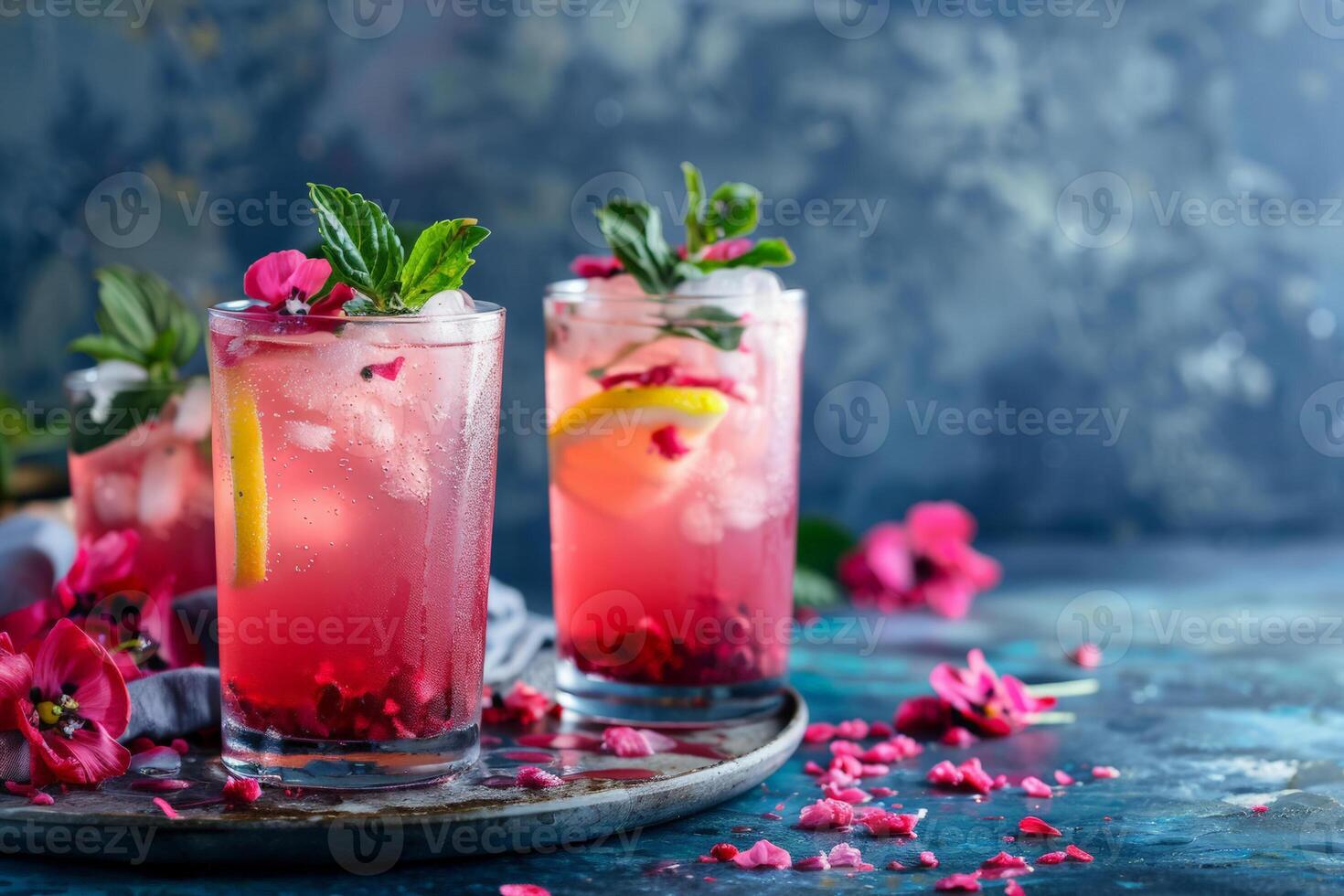 Refreshing pink cocktails garnished with mint and lemon slices on a rustic blue surface, surrounded by vibrant petals, ideal for summer parties or Valentines Day photo