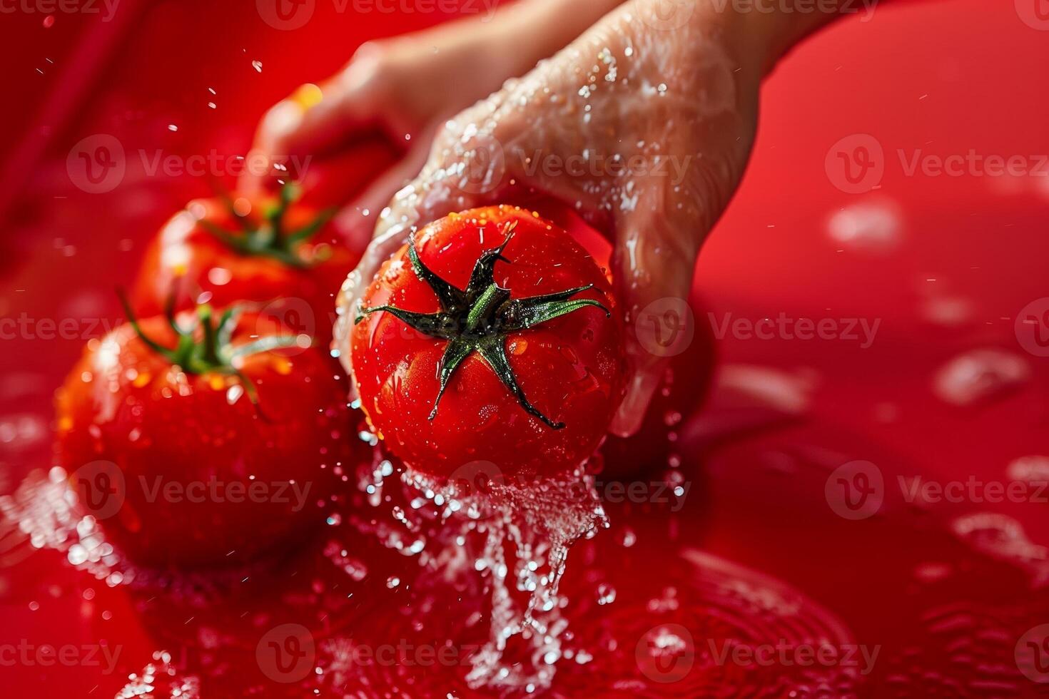 washing heirloom tomatoes isolated on a red gradient background photo