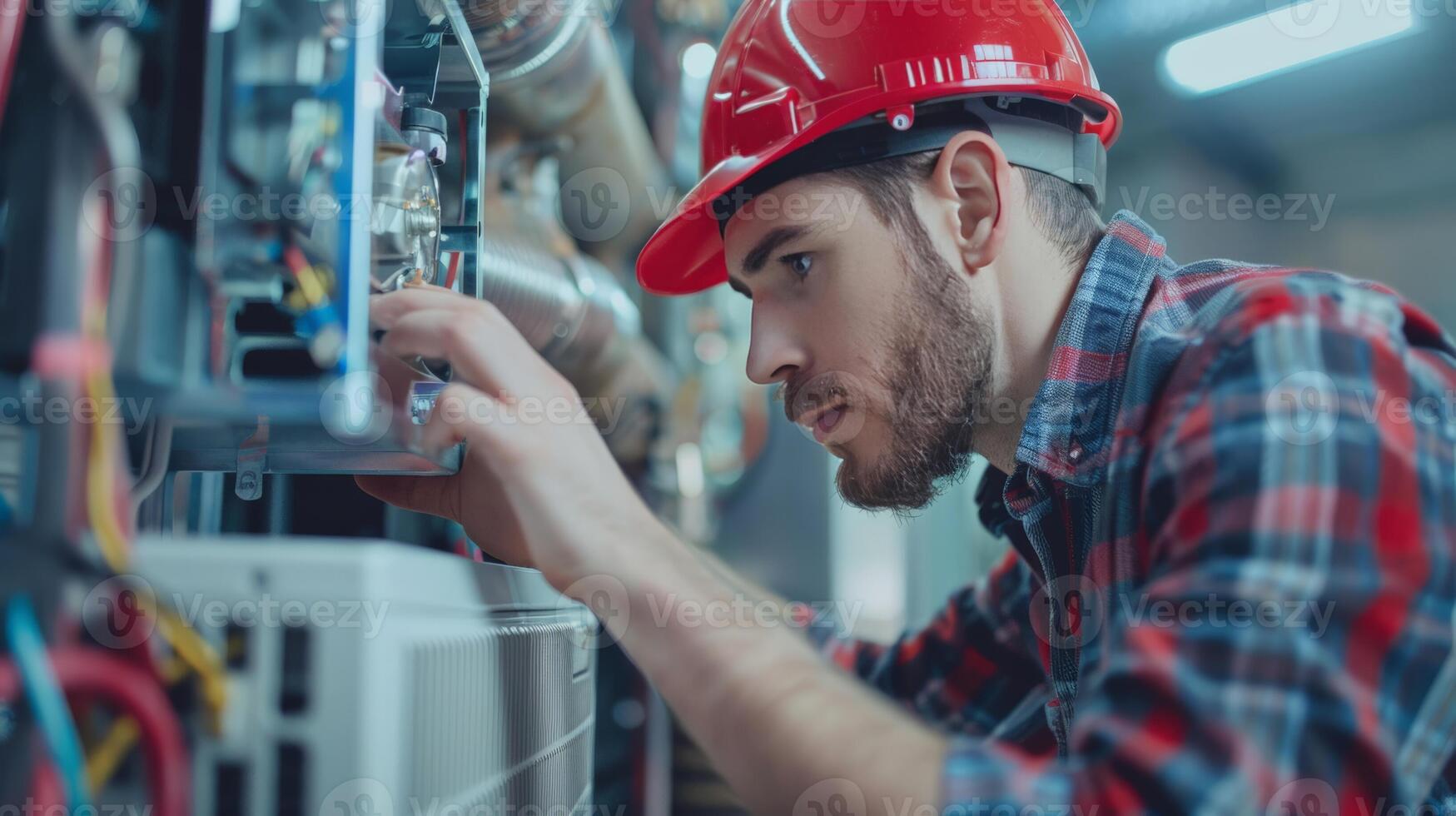 Focused male technician with beard wearing a red hard hat and plaid shirt working on industrial machinery, concept of Labor Day and skilled trades photo