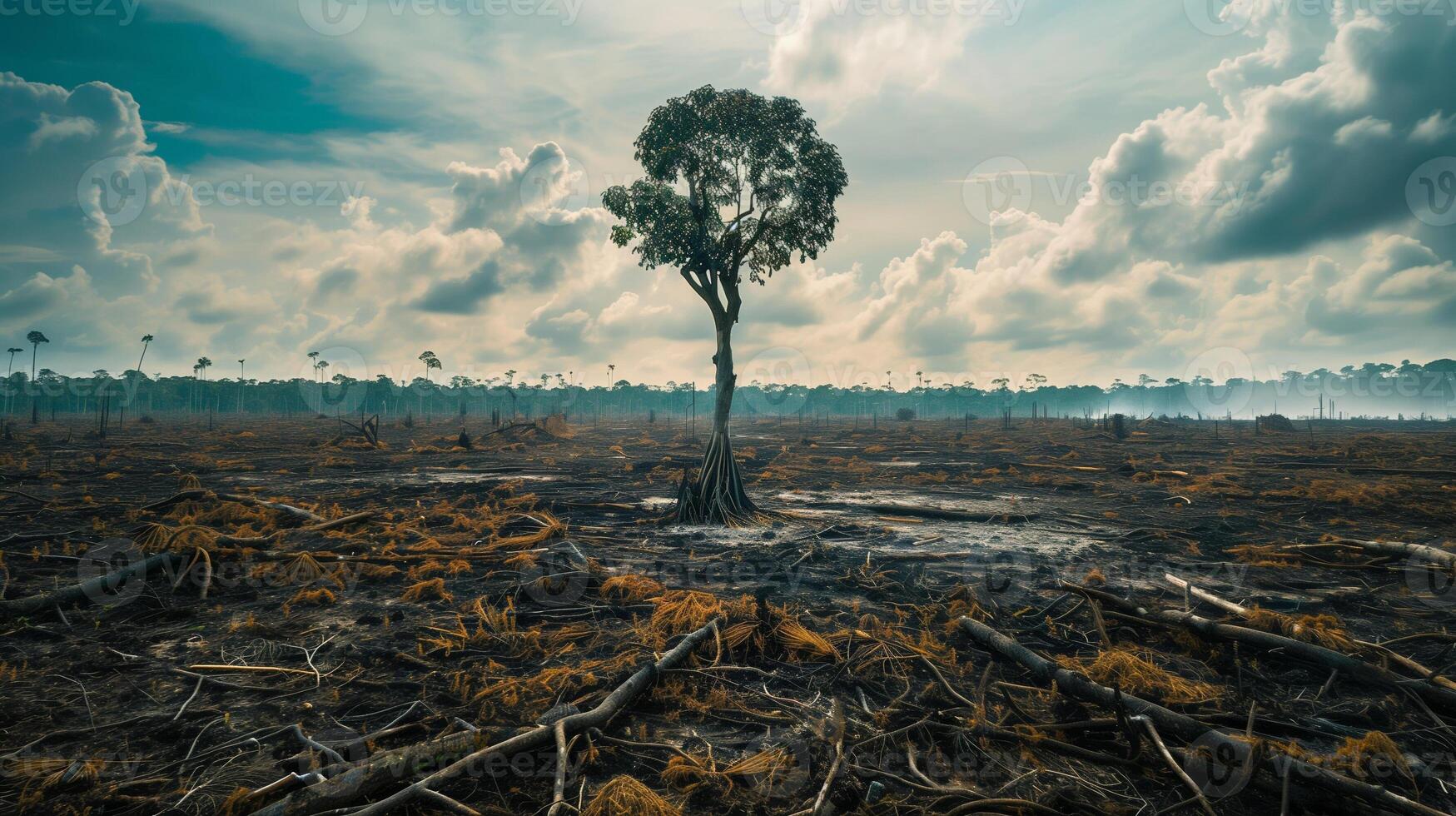 deforested area with a single tree left standing, environmental impact photo