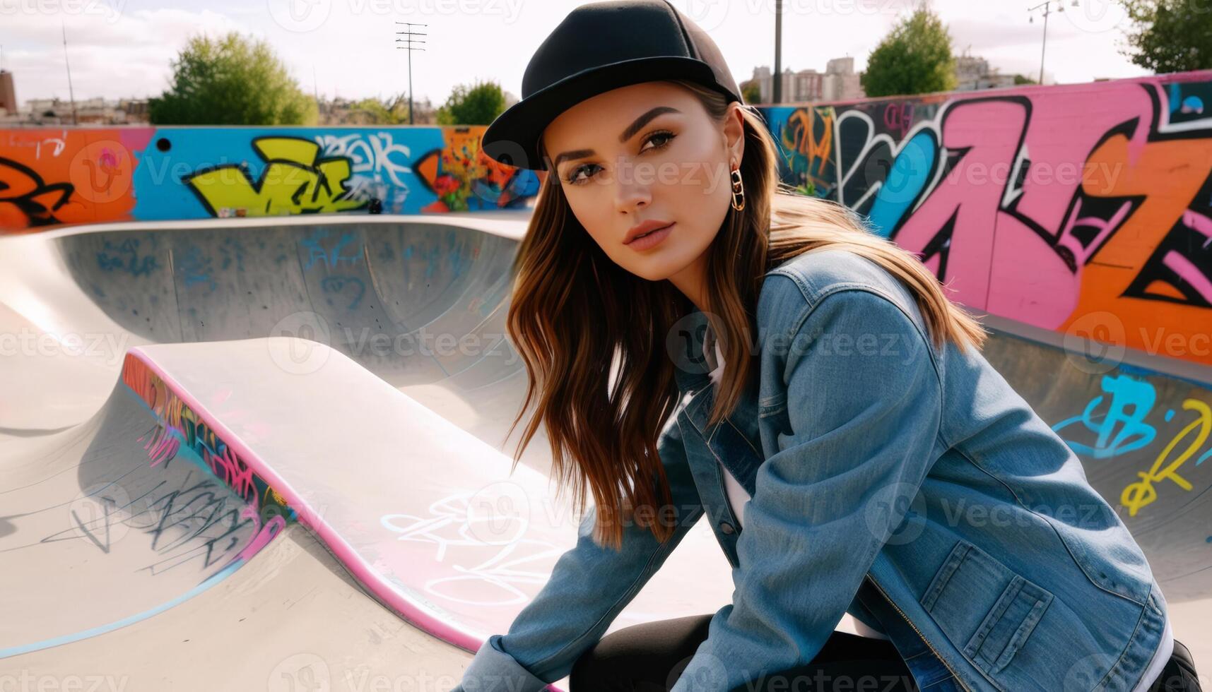 Stylish young woman in denim with a black cap posing at a graffiti covered skatepark, evoking youth culture and International Youth Day vibes photo