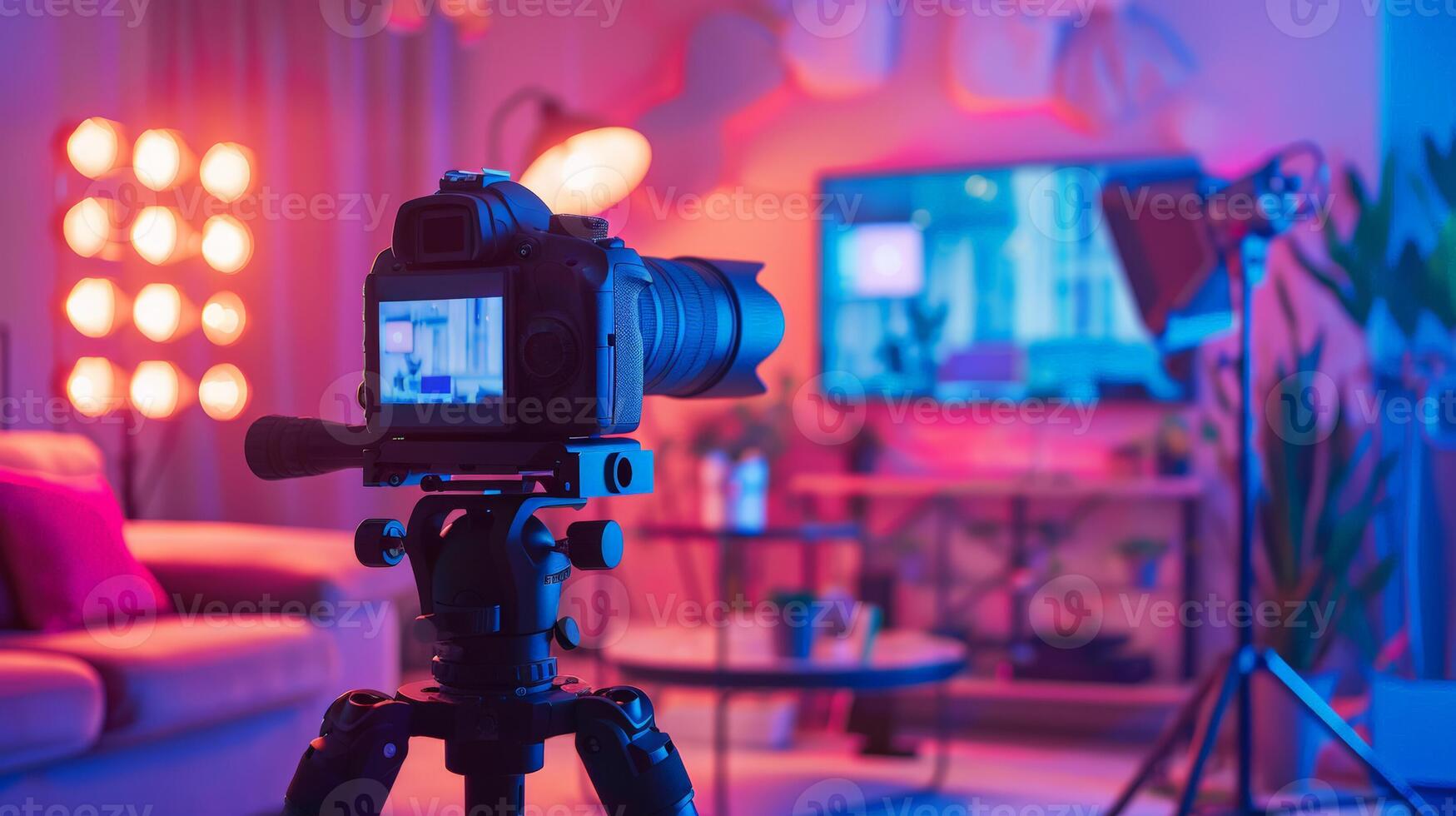 Professional DSLR camera on tripod in neon lit studio setup, concept for World Photography Day or content creation workshops, with no visible people photo