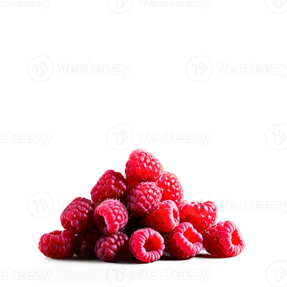 Dried raspberries deep pink and slightly fuzzy piled in a small pyramid on a transparent png