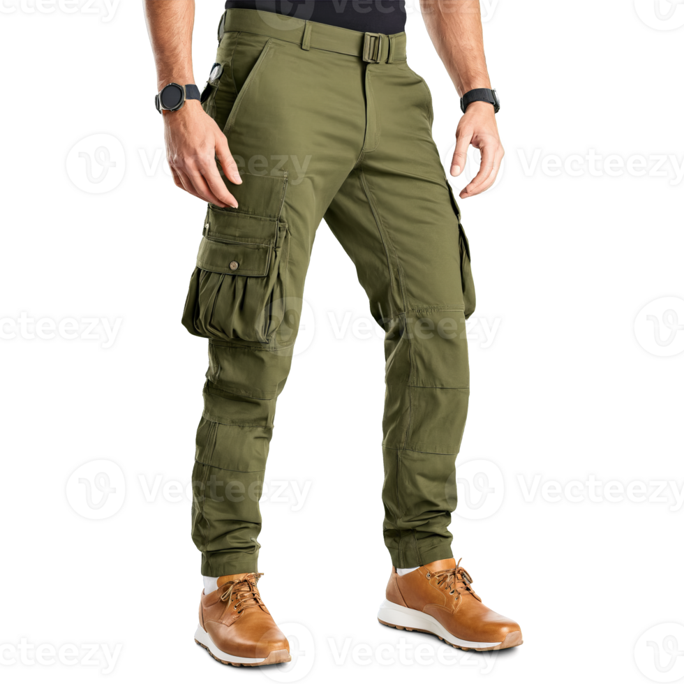 Stylish cargo pants in olive green with multiple pockets and a tapered leg levitating Mockup png