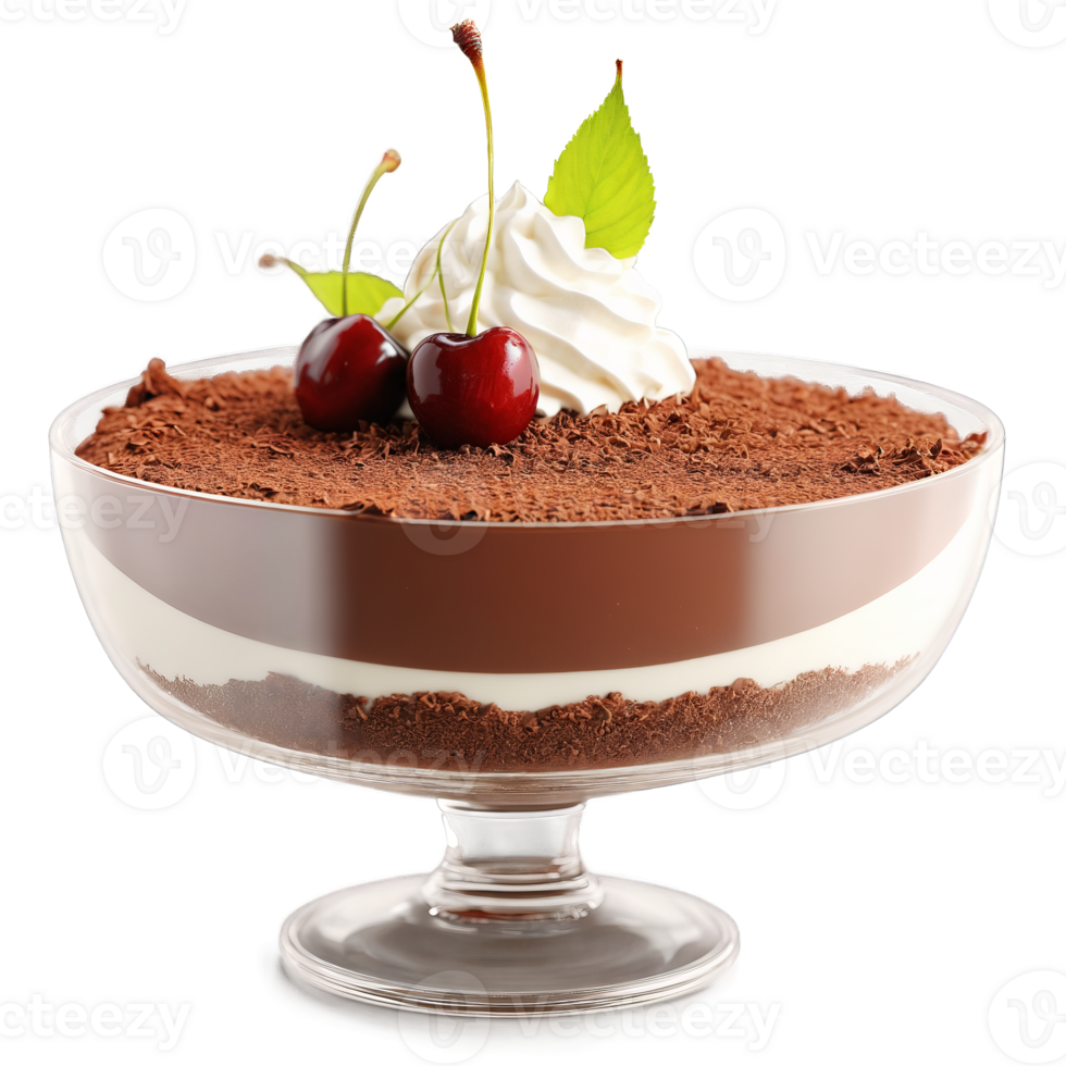 Indulgent chocolate mousse in glass dish whipped cream twirling chocolate shavings falling cherry bouncing Food png