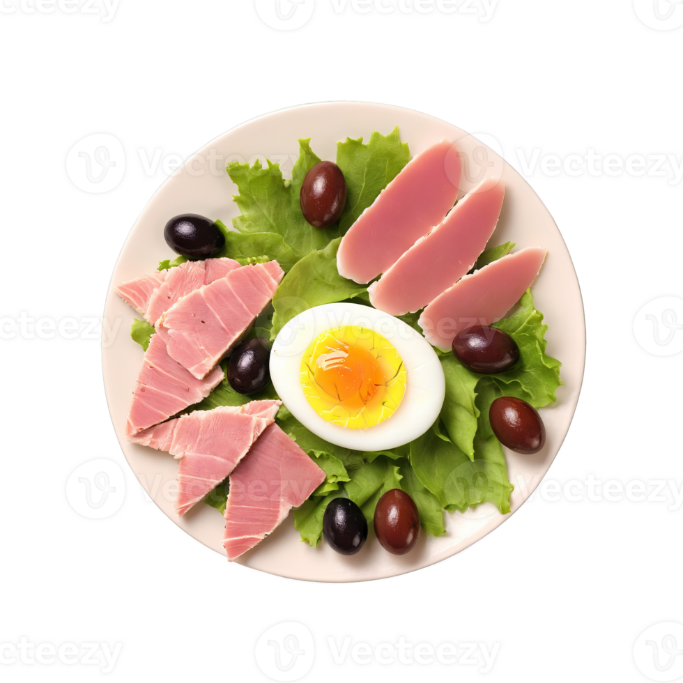 Nicoise salad pink tuna slice halved boiled egg kalamata olive rolling isolated on transparent Food png