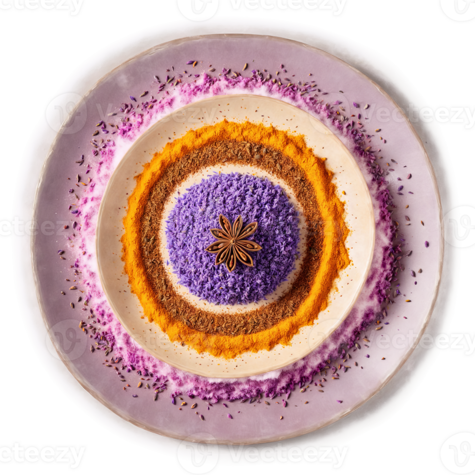 Floral spices mandala an arrangement of lavender rose petals and saffron with powder dusting png