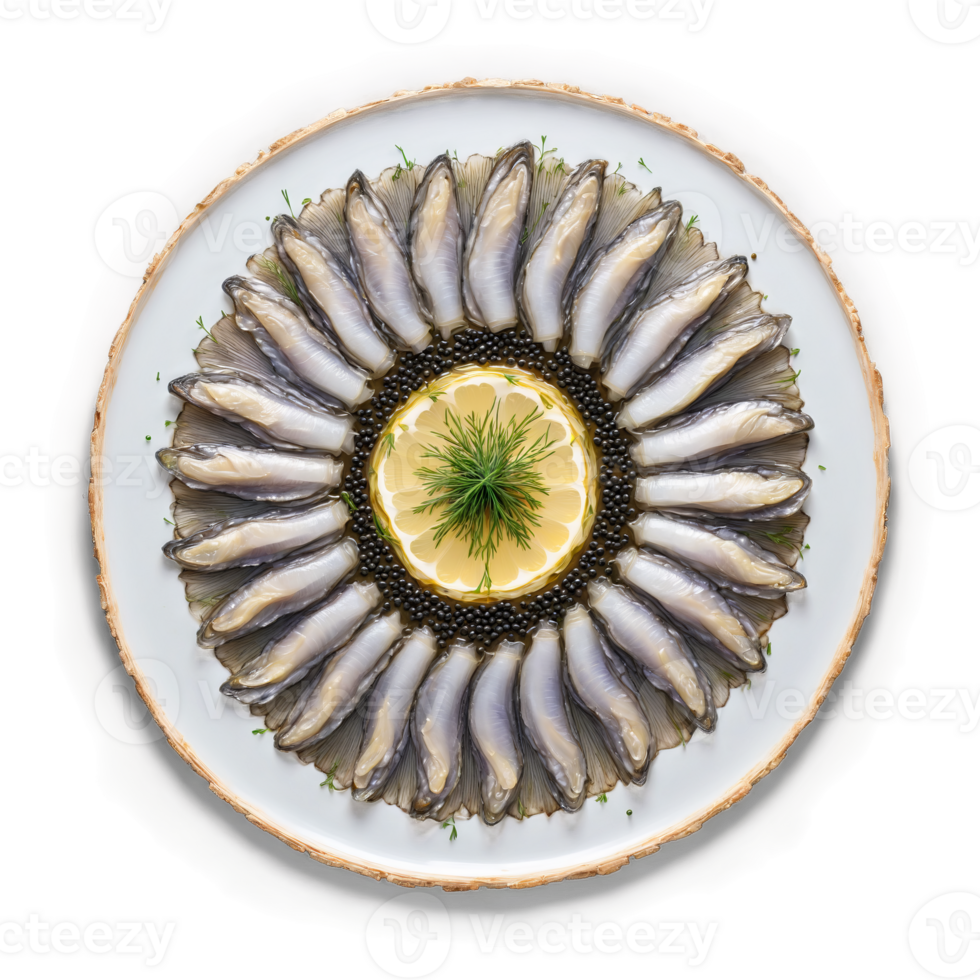 Dressed Herring Mandala tender herring fillets with onions and oil layered in a symmetrical radial png