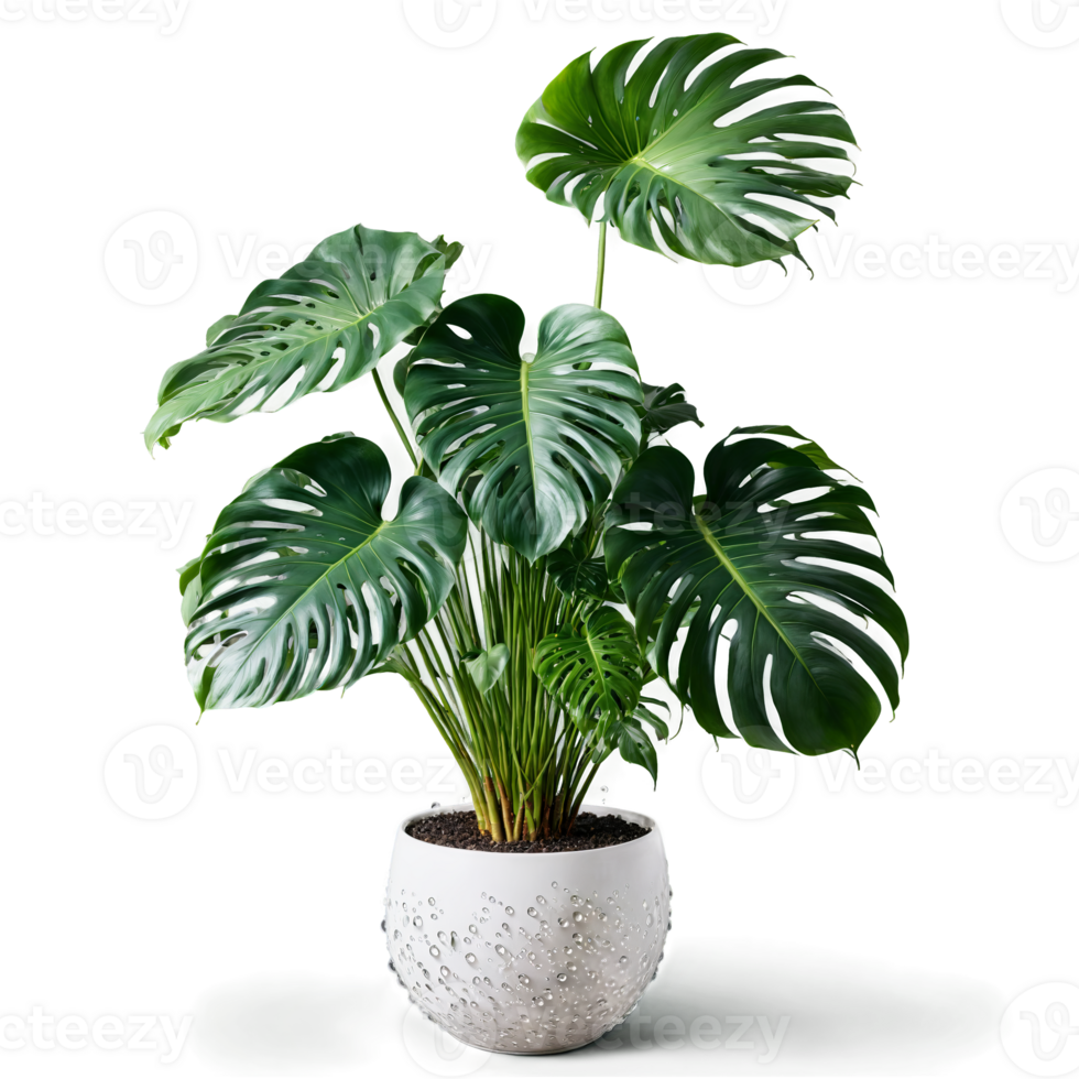 Monstera Deliciosa large green split leaves unfurling from a hovering woven planter with a misty png