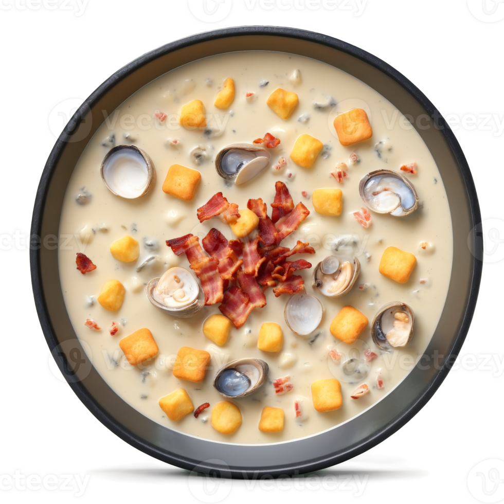 Hearty chowder bowl with creamy clam chowder diced potatoes crispy bacon and oyster crackers served png