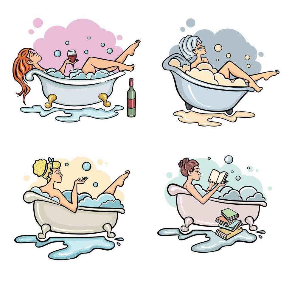 Set of Carefree woman relaxes while lying in a bath with foam and warm water after a hard day at work or a long walk. Concept of water spa treatments for relaxation and wellness or skin and body care vector