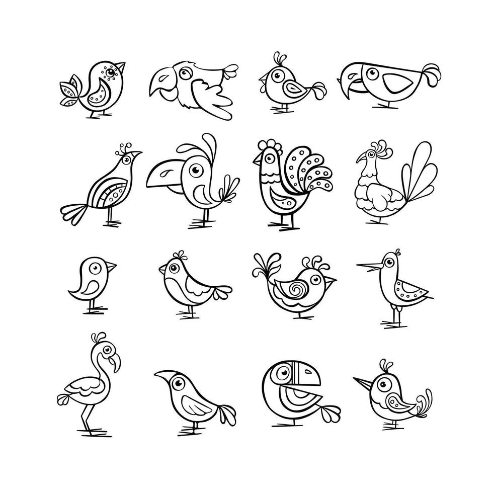 Large Set of outline illustrations of cute birds vector