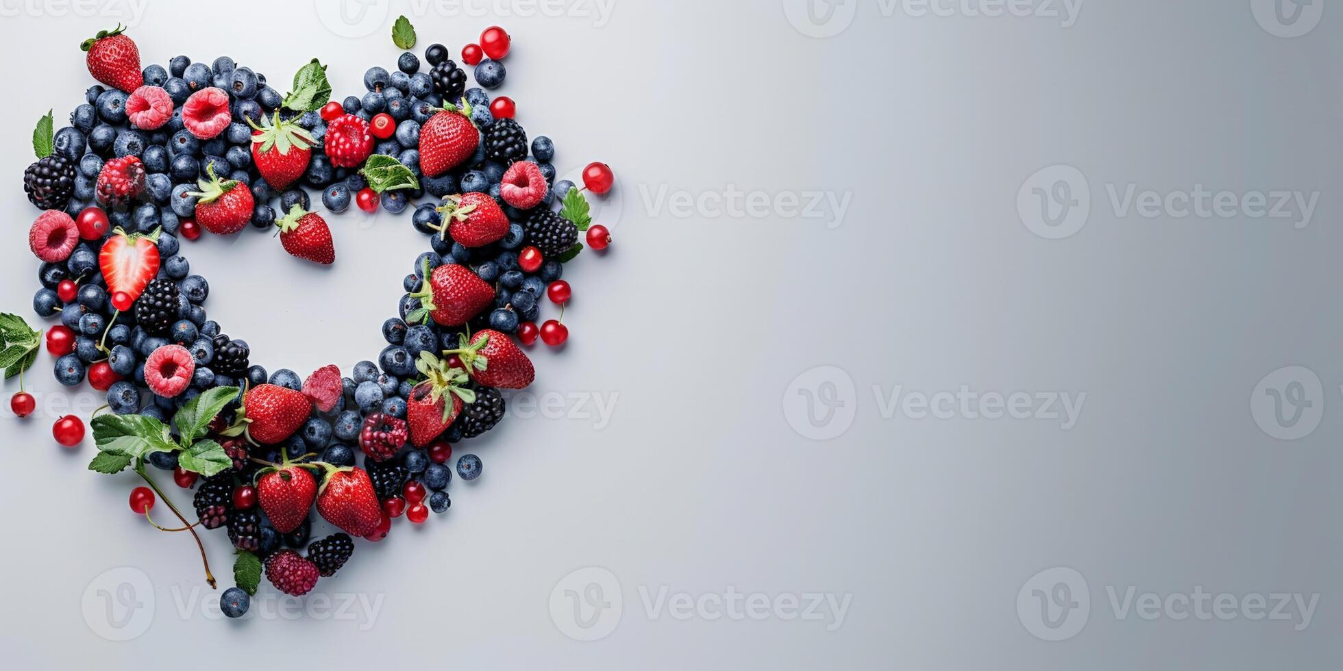 Artistic arrangement of berries in the shape of a heart, white background with space for text photo