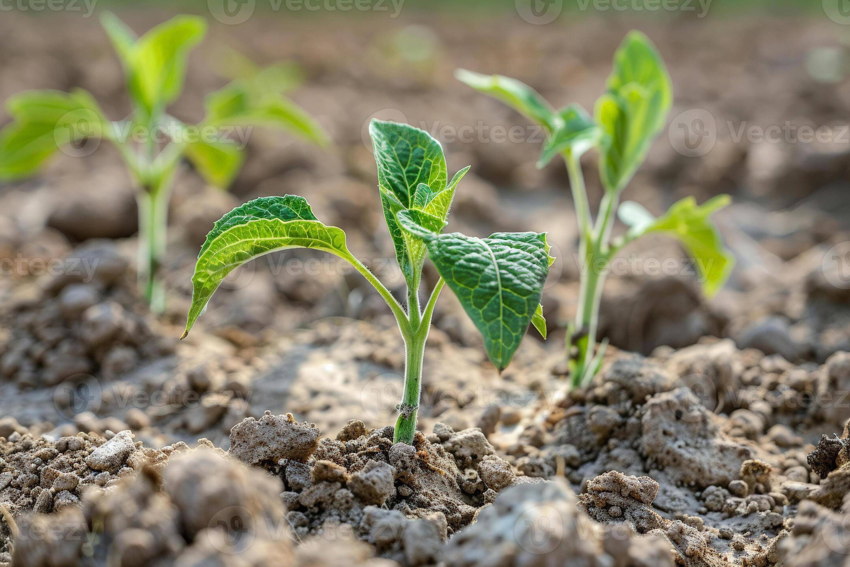 Young seedlings struggling to grow in the dry soil, the harsh reality