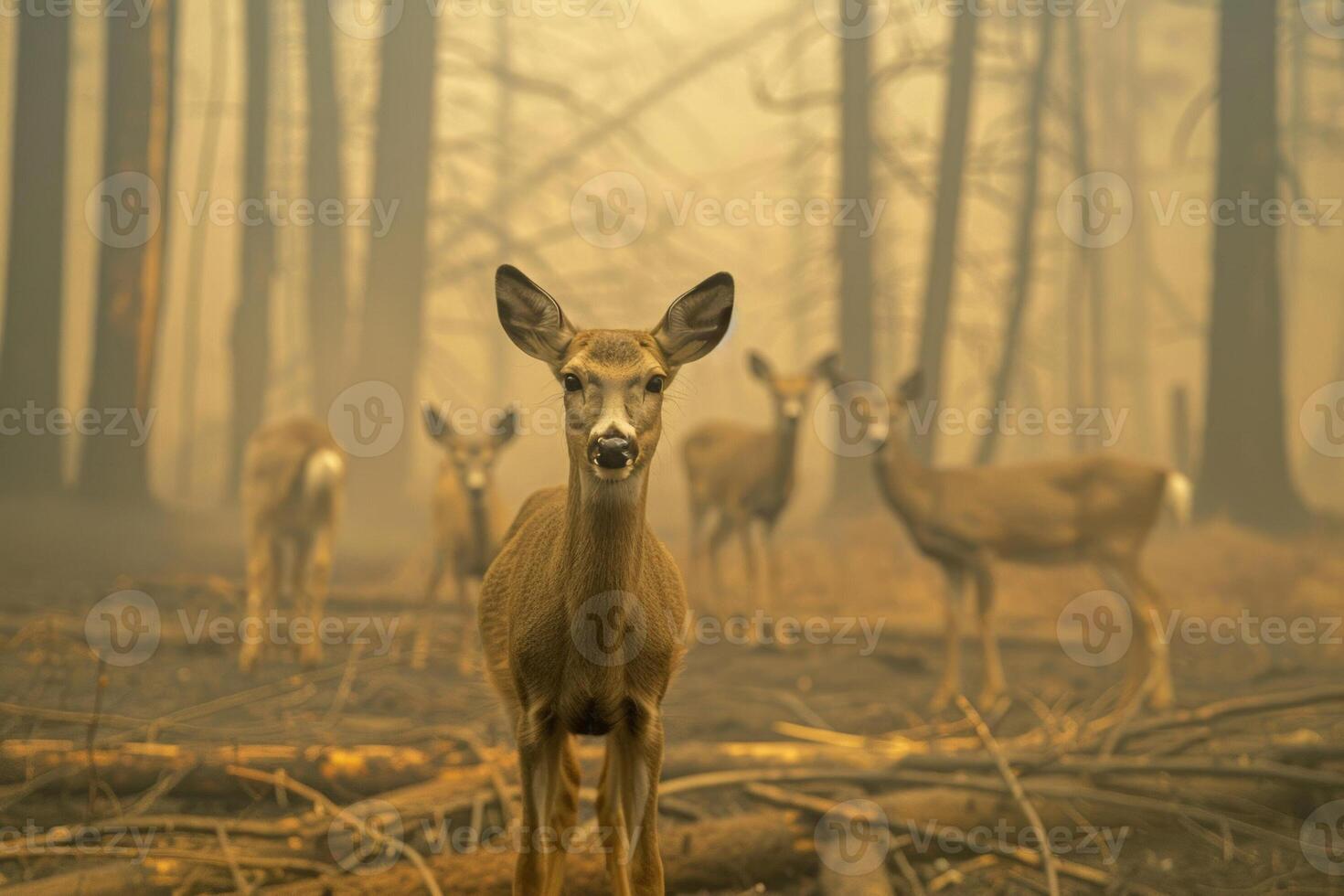 Group of deer in a smoky clearing, pausing in a moment of calm amid the chaos photo