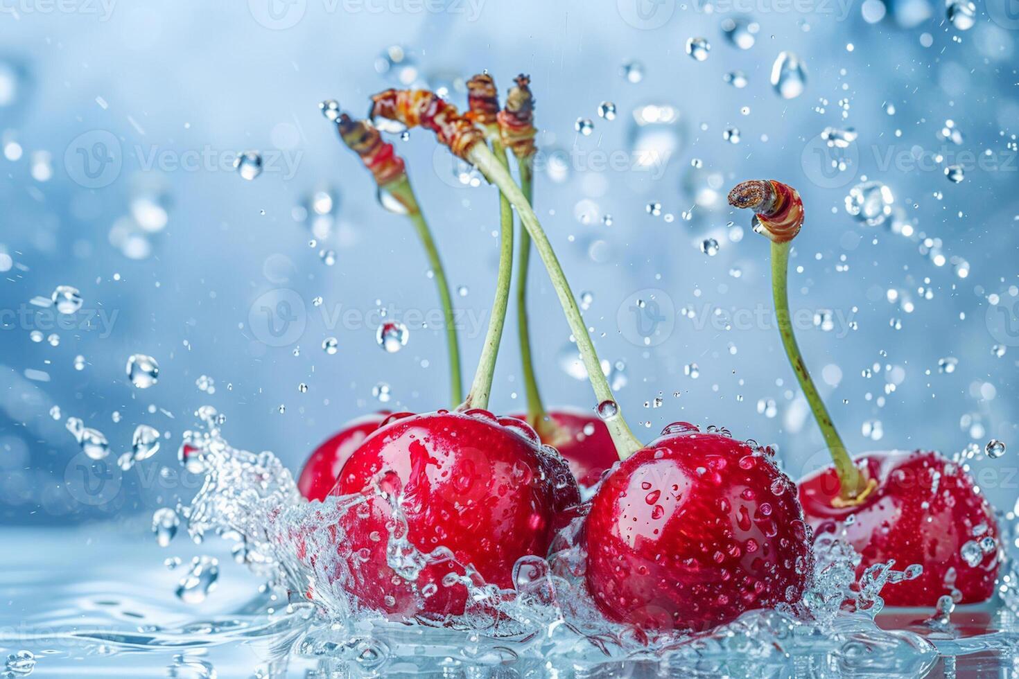 vibrante cerezas goteante dentro cristal claro agua, dinámica chapoteo, brillante antecedentes foto