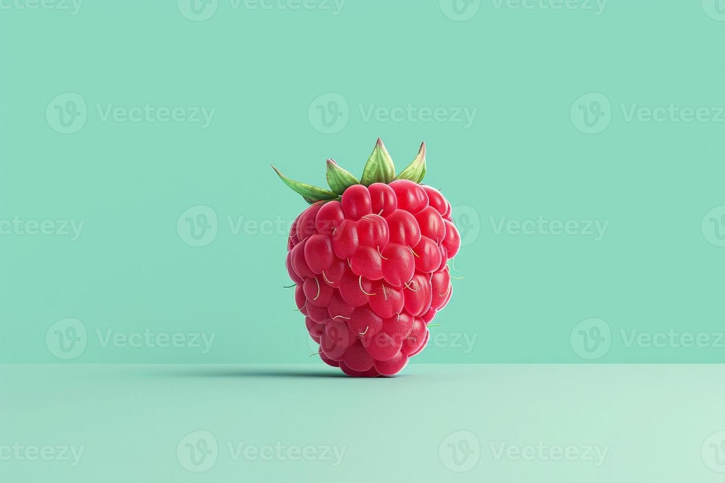 Minimalist design of a single raspberry, centered on a pastel green background photo