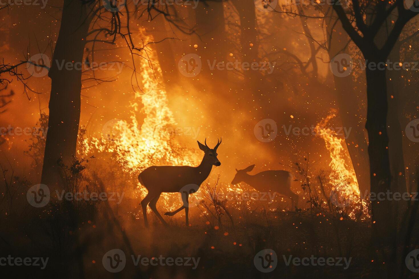 Deer fleeing through a smoke filled forest, urgent escape from an approaching wildfire photo