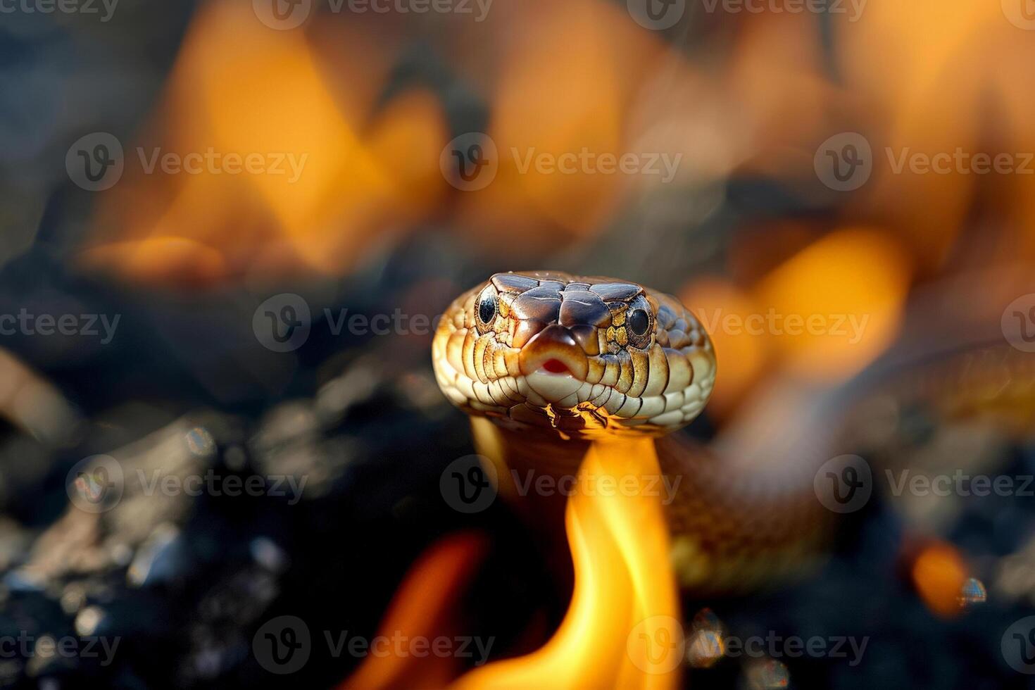 Close up of a snake slithering rapidly away from the fire, survival instinct in harsh conditions photo