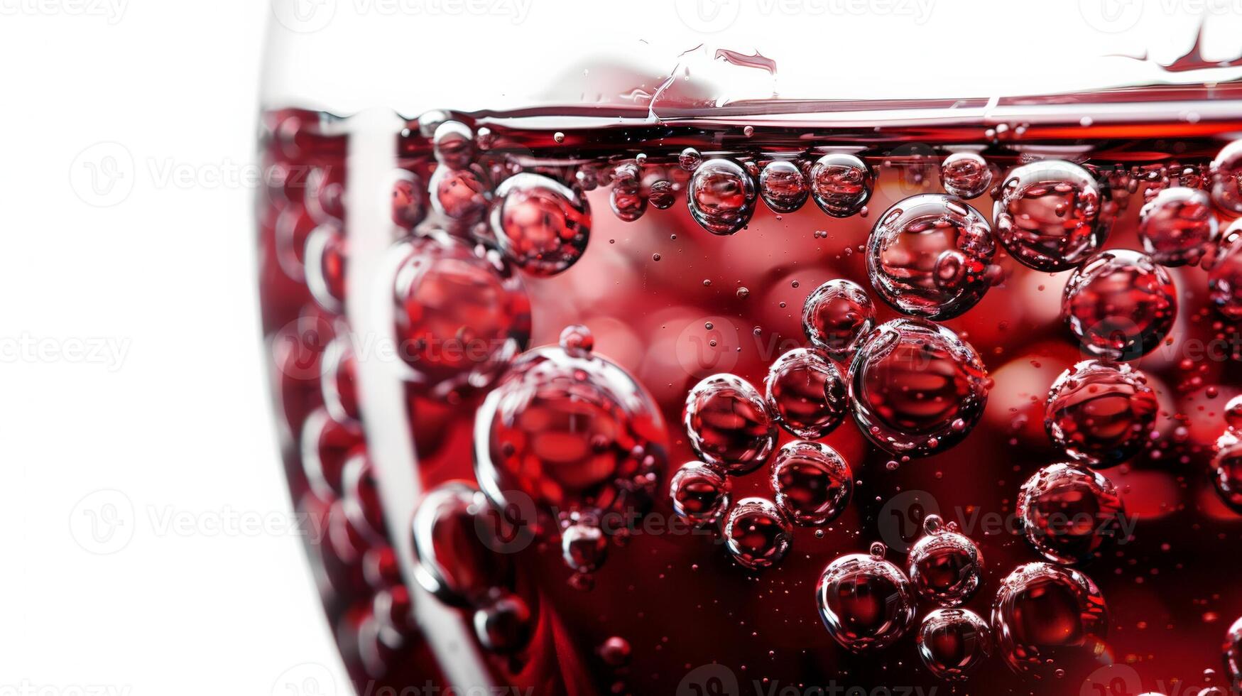 Close up of red wine bubbles in a glass, macro shot, isolated on white background photo