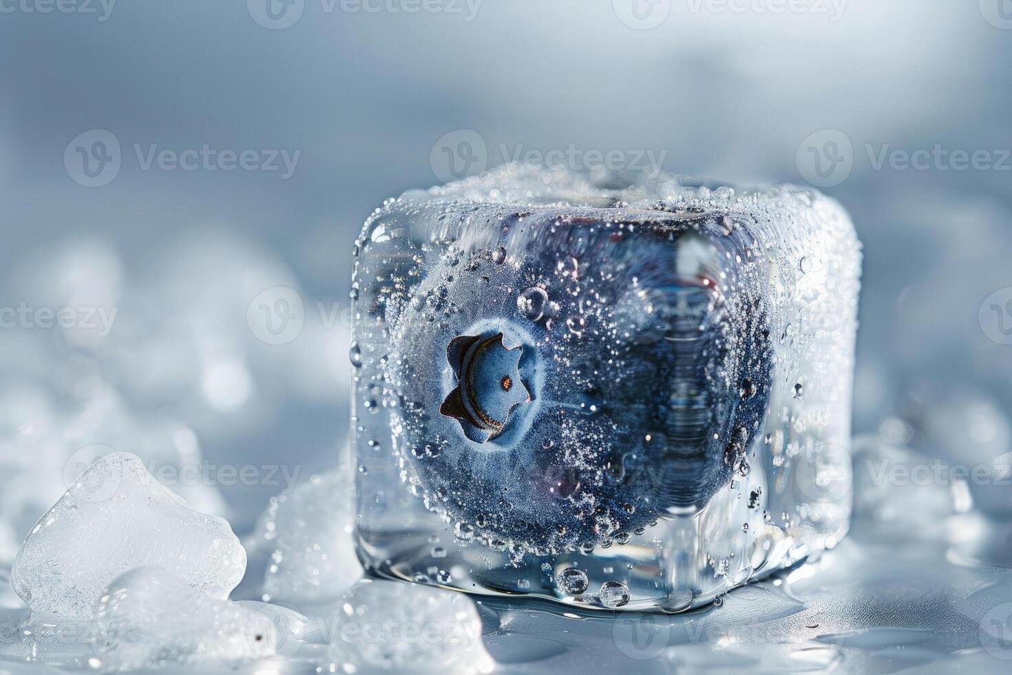 Close up of a frozen blueberry encased in an ice cube, minimalist icy theme photo