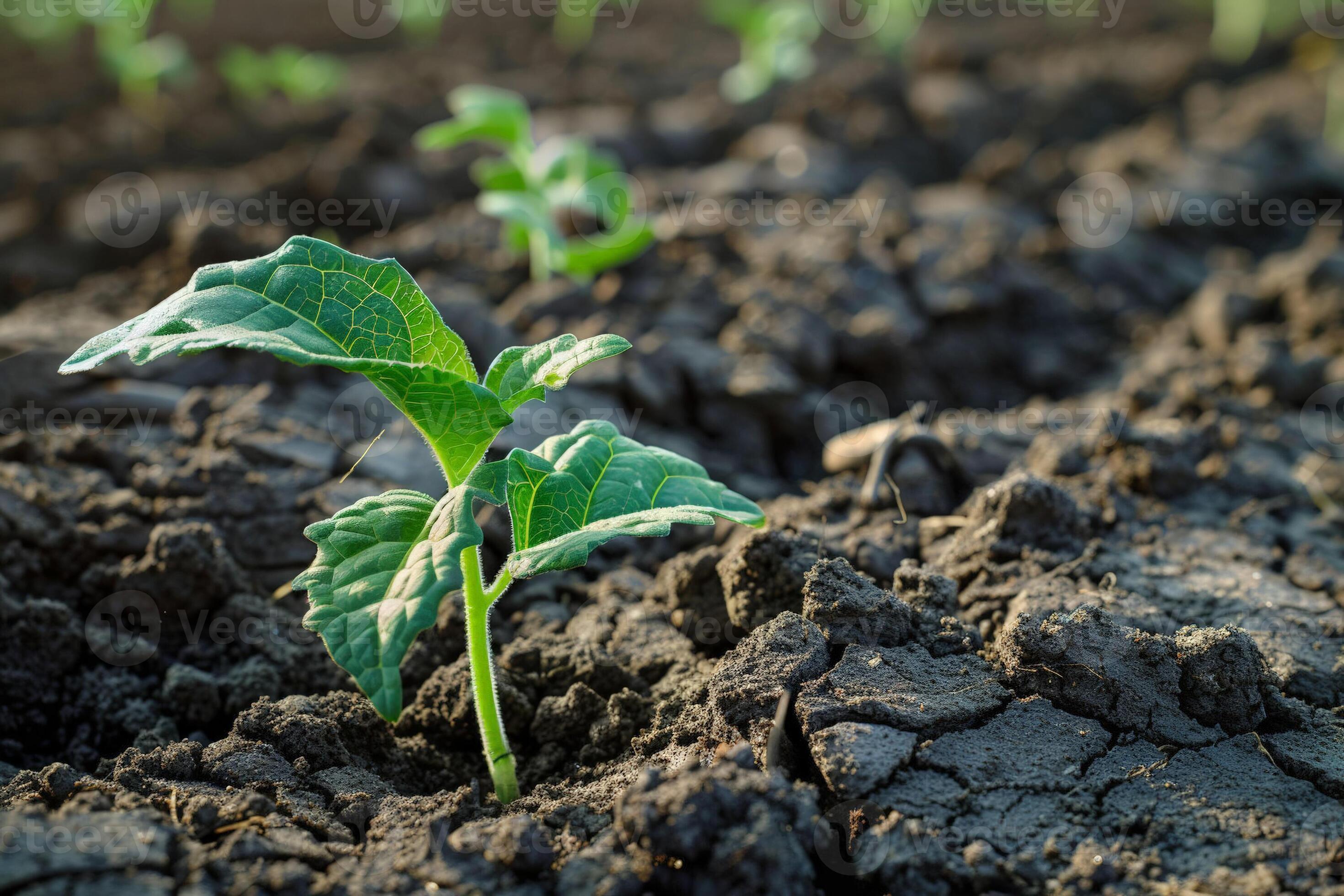 Young seedlings struggling to grow in the dry soil, the harsh reality