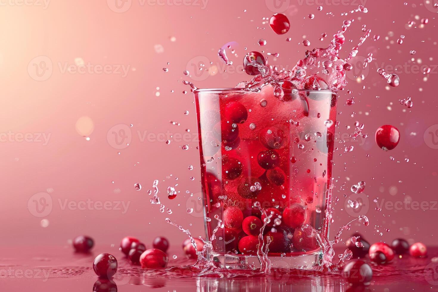 A glass of cranberry juice with splashing berries, dynamic and refreshing scene on gradient background photo