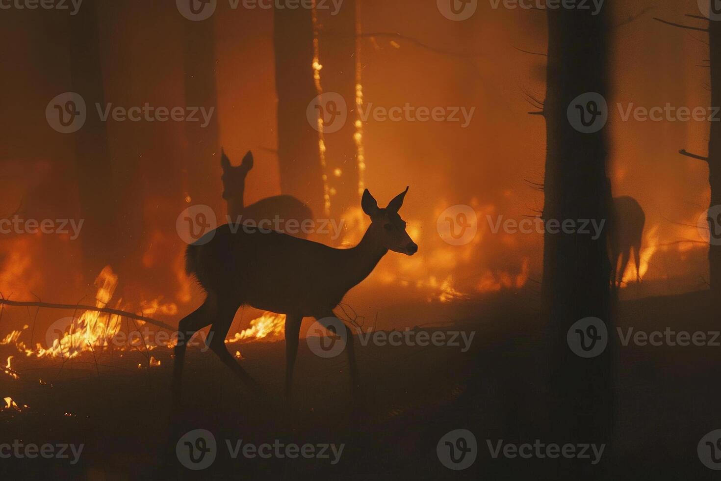 Deer fleeing through a smoke filled forest, urgent escape from an approaching wildfire photo