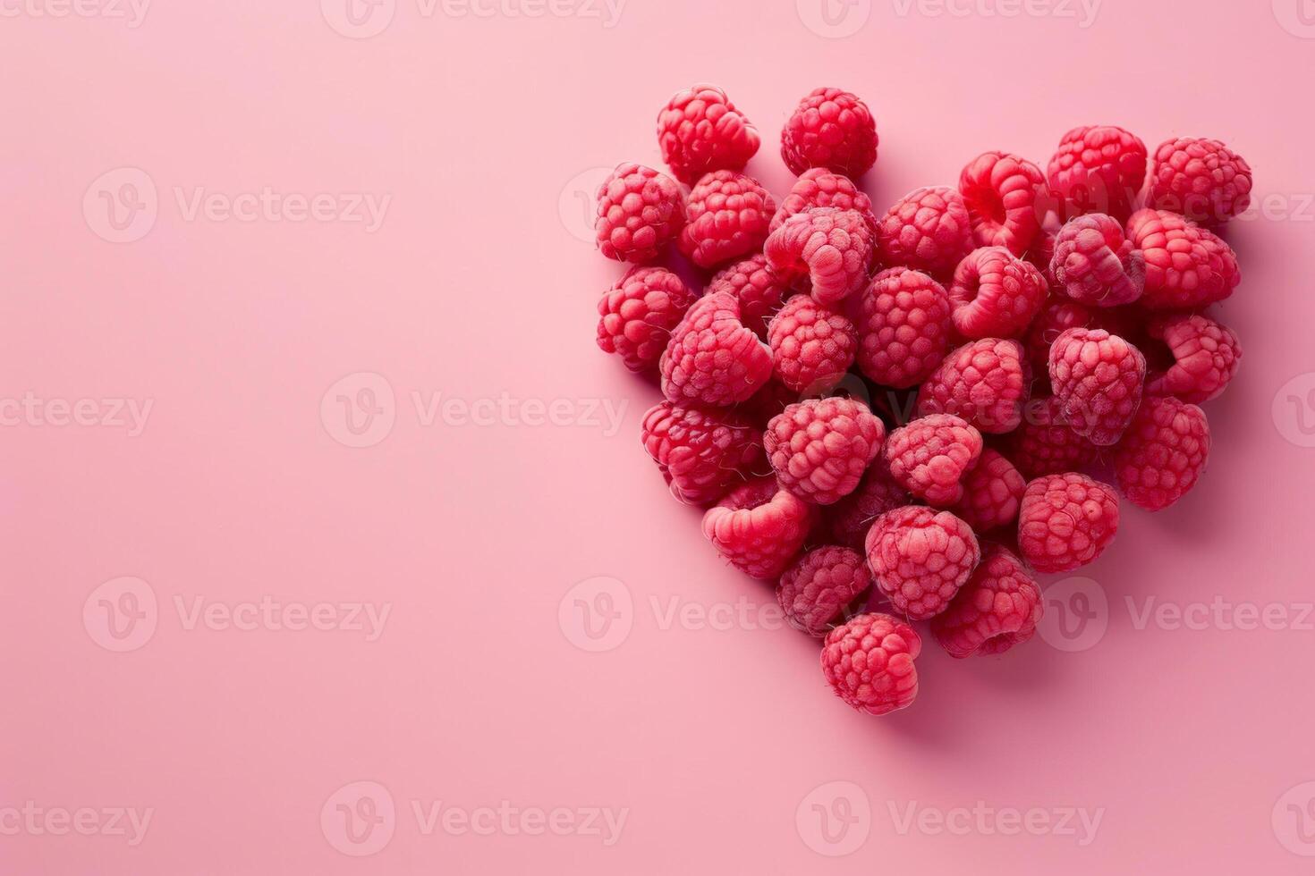minimalista diseño de frambuesas arreglado en un corazón forma en un pastel rosado antecedentes foto