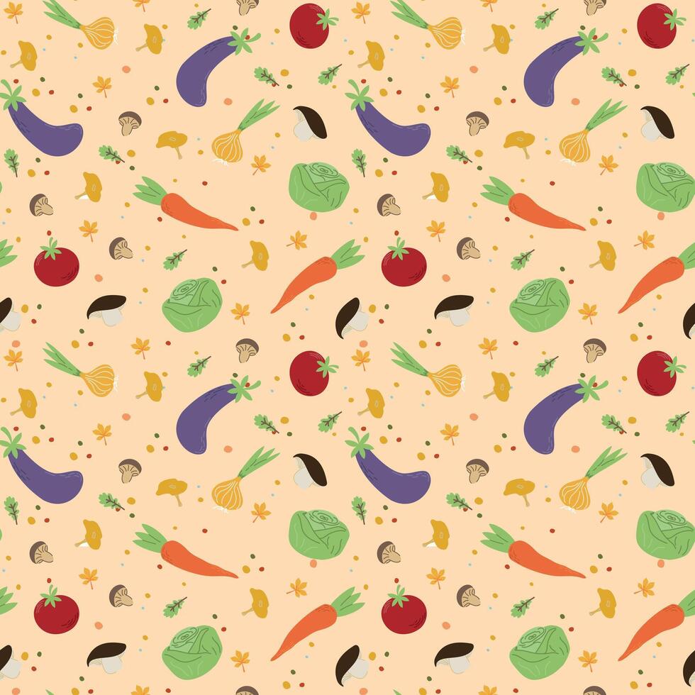 Seamless pattern with harvest in Orange, Beige, Brown and Yellow colors. Perfect for wallpaper, gift paper, pattern fills, web page background, autumn greeting cards. Pattern in swatches. vector