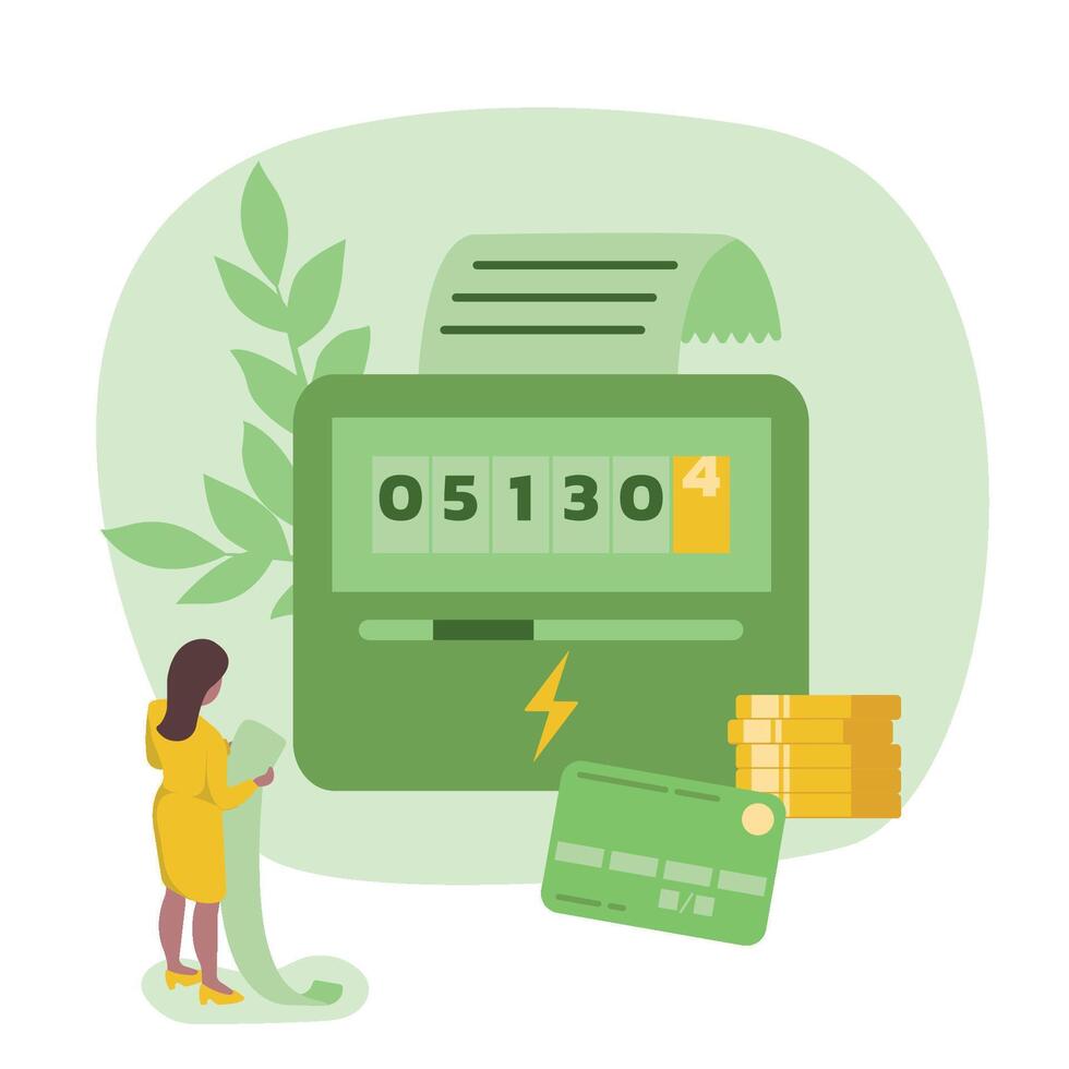 Sustainability illustration in flat style. Energy efficiency in household and industry. Person checks heating meter and calculates household utility bill. Home energy efficiency audit concept. vector