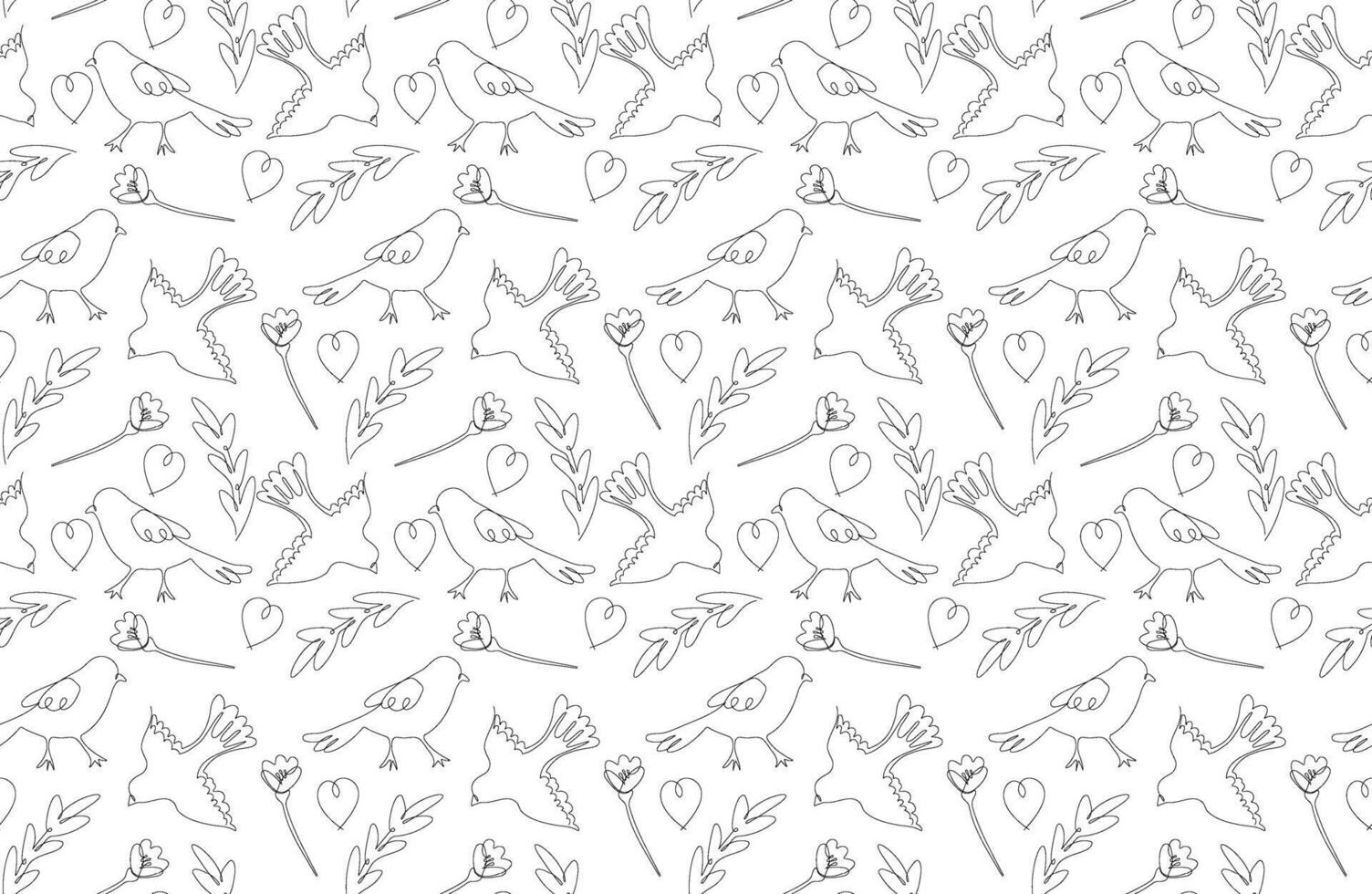 Pattern with flowers and birds in one continuous line for logo and graphic design. Small beautiful birds isolated on white background. illustration vector