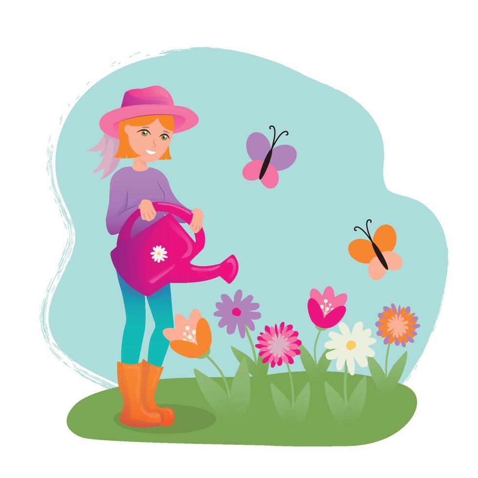 niña con riego poder. mujer riego flores en primavera. linda ilustración en dibujos animados estilo. vector