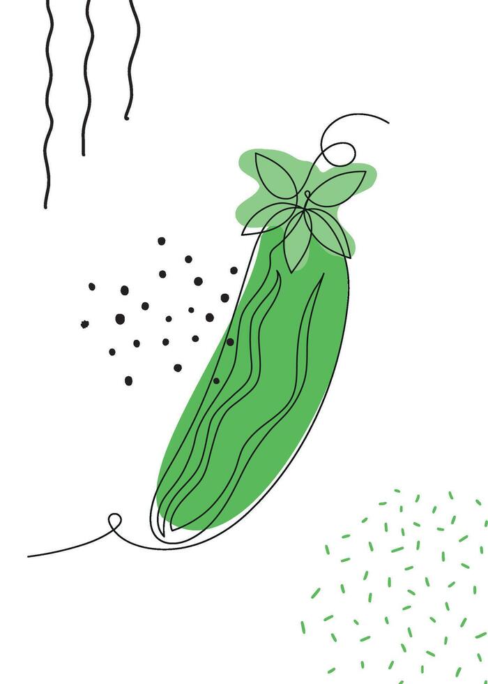 Continuous one line drawing cucumber. illustration. Black line art on white background with colorful spots and elements. Poster in minimalism concept vector