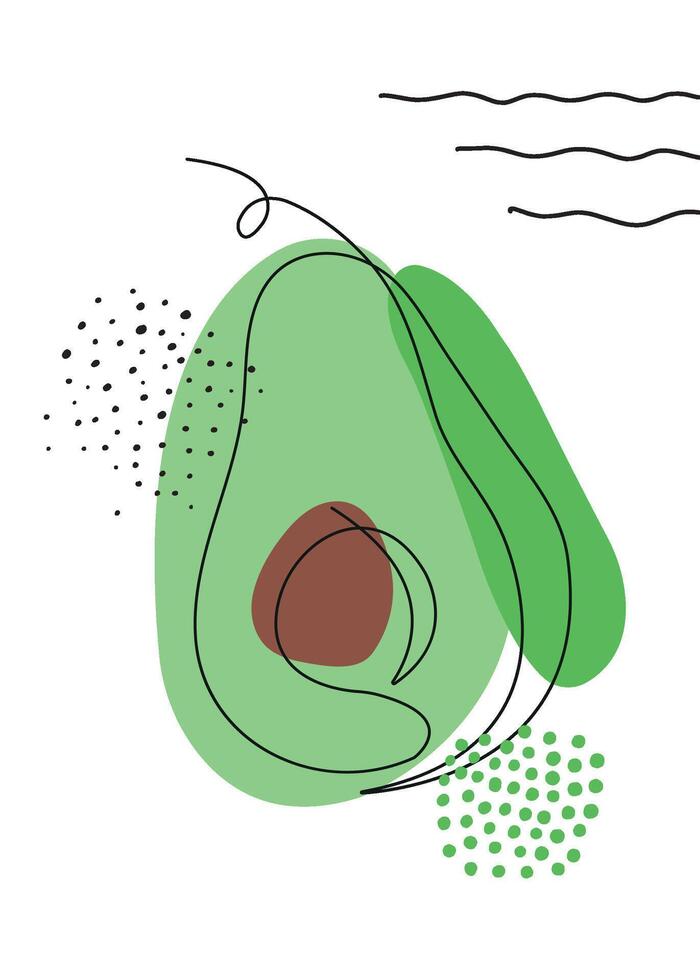 Continuous one line drawing avocado. illustration. Black line art on white background with colorful spots and elements. Poster in minimalism concept vector