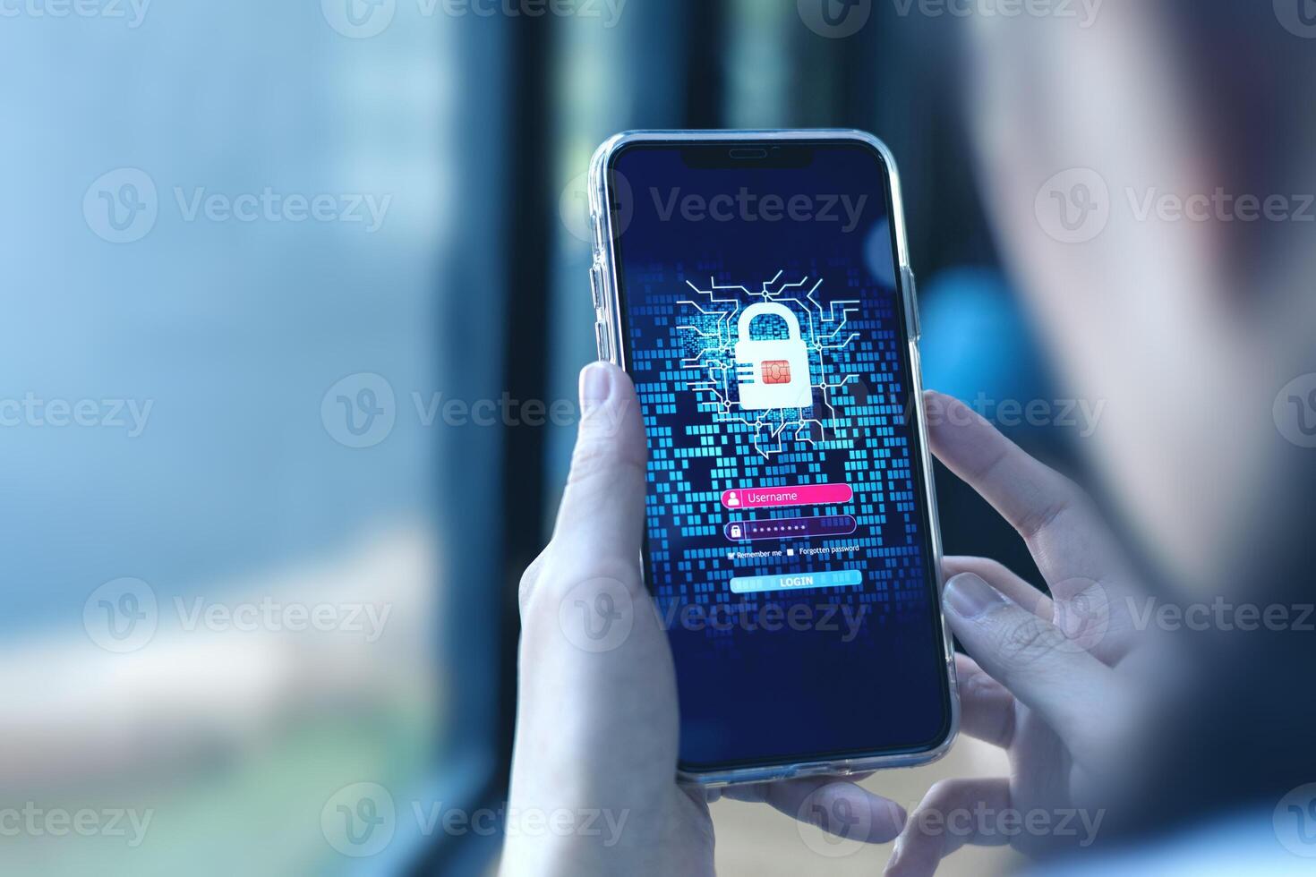 Security access control protection. Users access privacy information on smartphones with password entry system. Digital cyber security and technology network protection photo