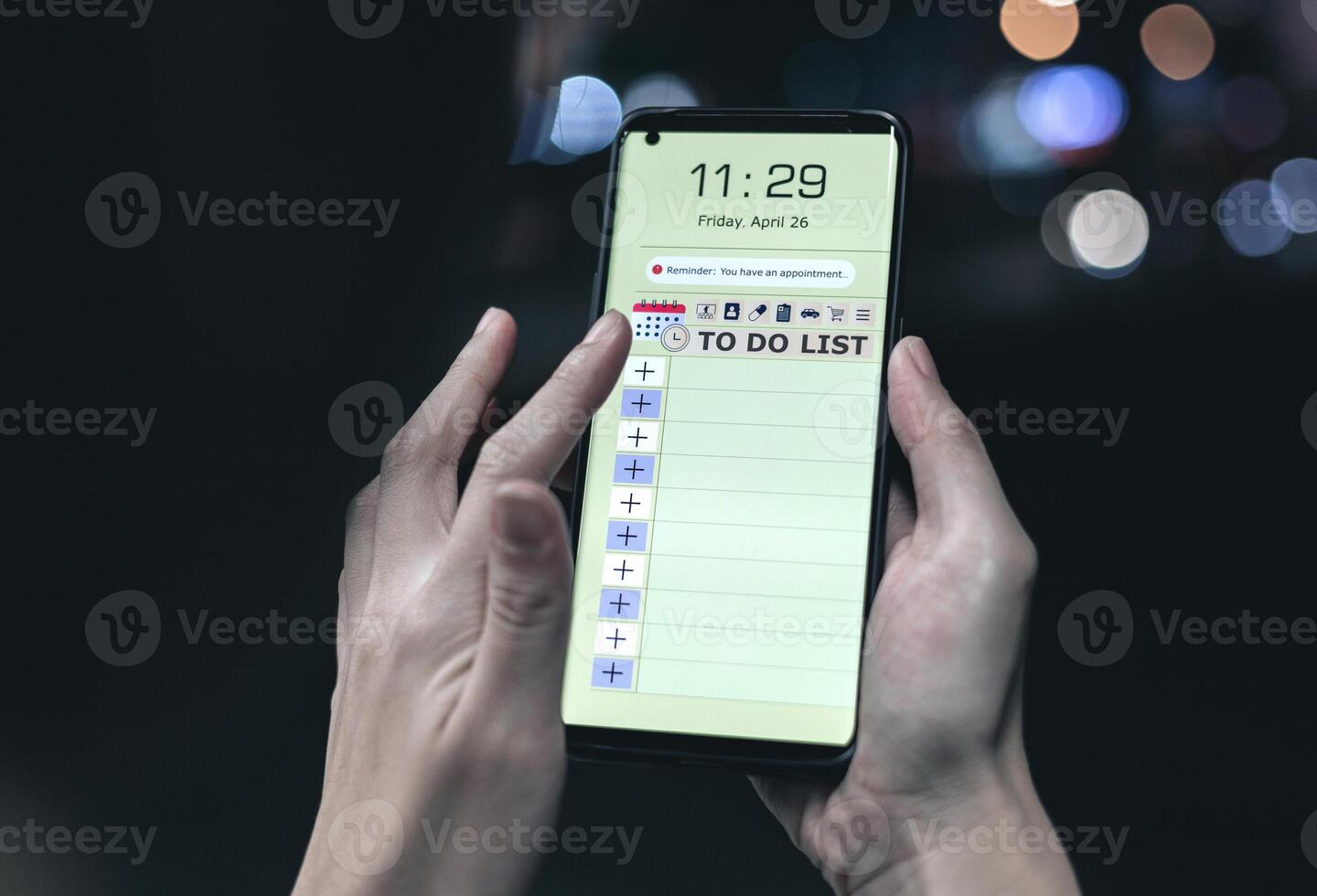 Reminder list concept. Woman uses smartphone application to record to-do list and reminders of important schedules, meeting appointments photo