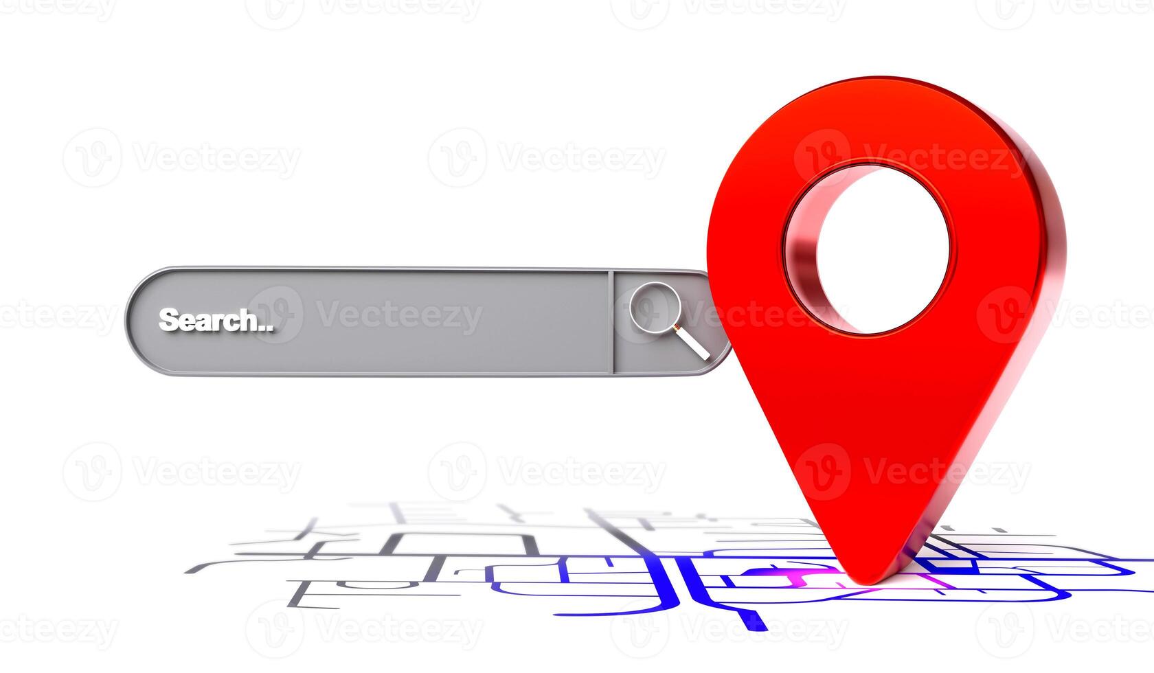 Navigation system and searching for location destinations on maps. GPS pins and search bar on map background photo