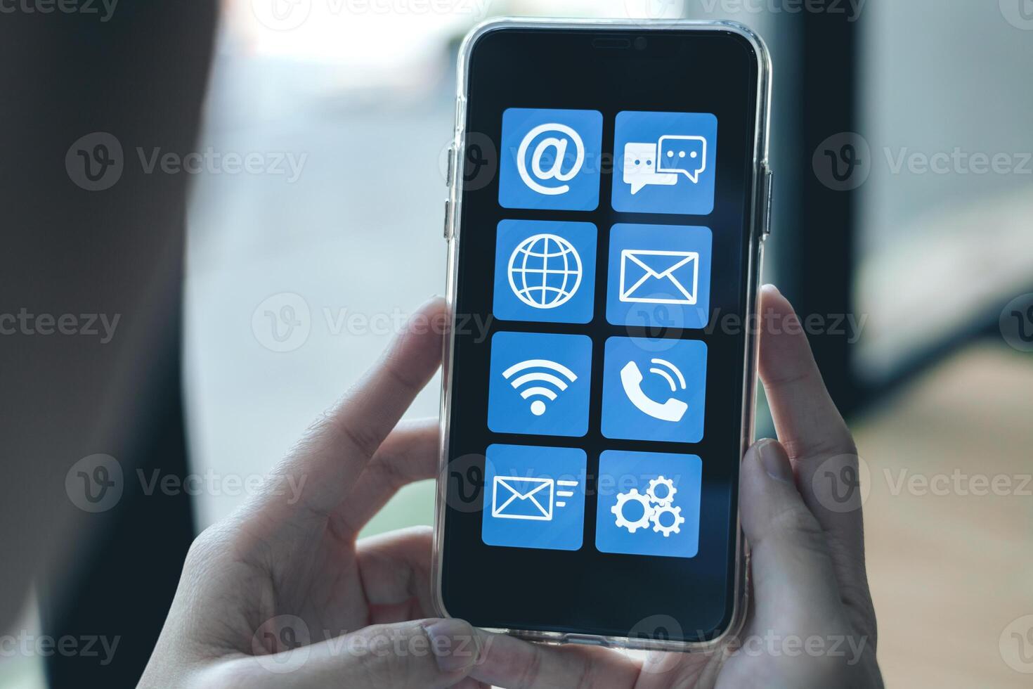 Service applications on smartphones with contact us service hotline, Address, phone number, email, and chat. concept of customer service department providing Troubleshoot and answer questions photo