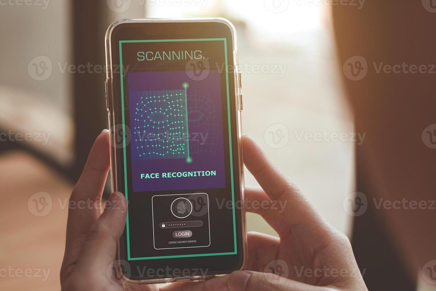 Security system with facial recognition, Face ID. Woman unlocks smartphone with biometric identification scan, personal verification photo